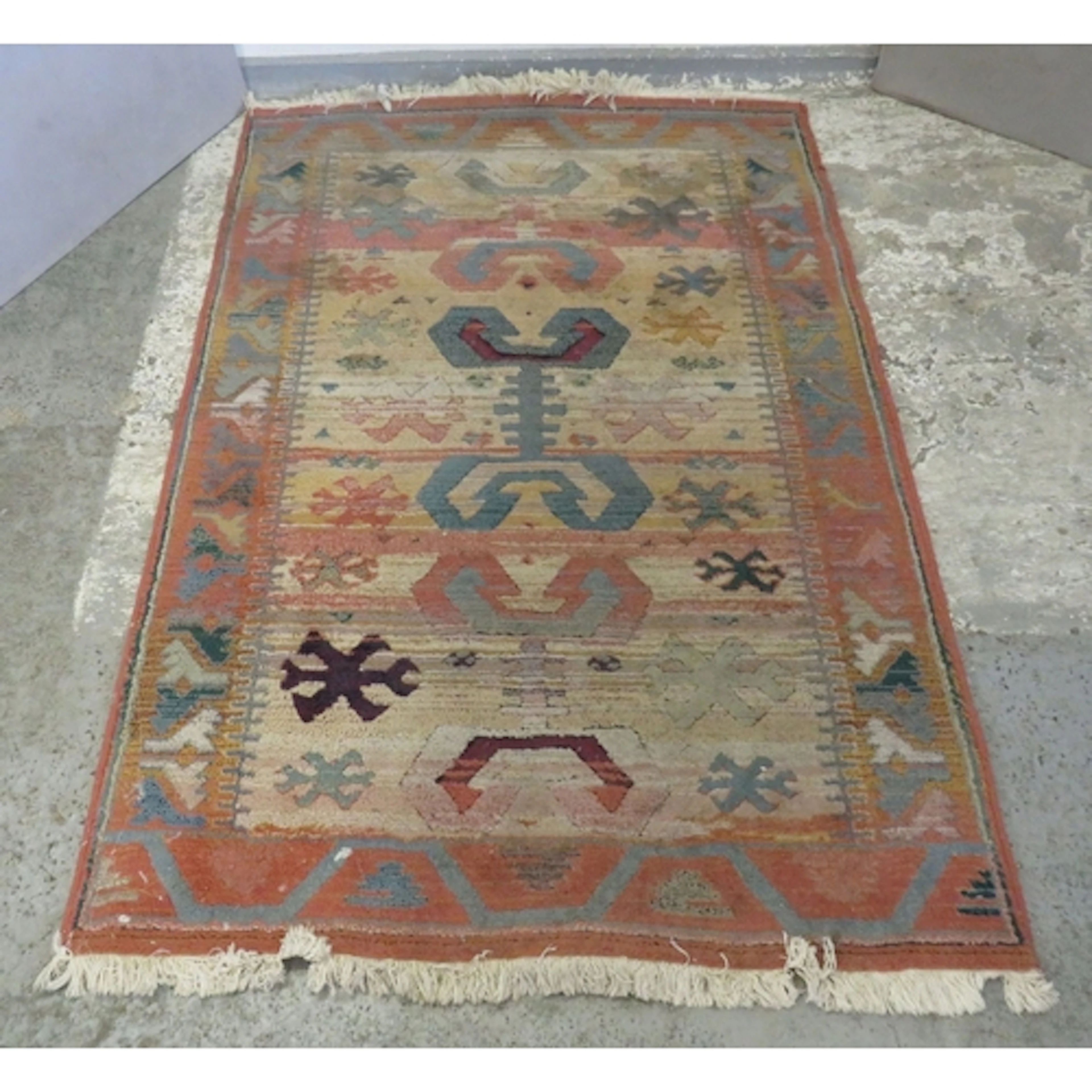 Gabbeh Collection Rug with Aztec motifs, tassel ends, red gr...