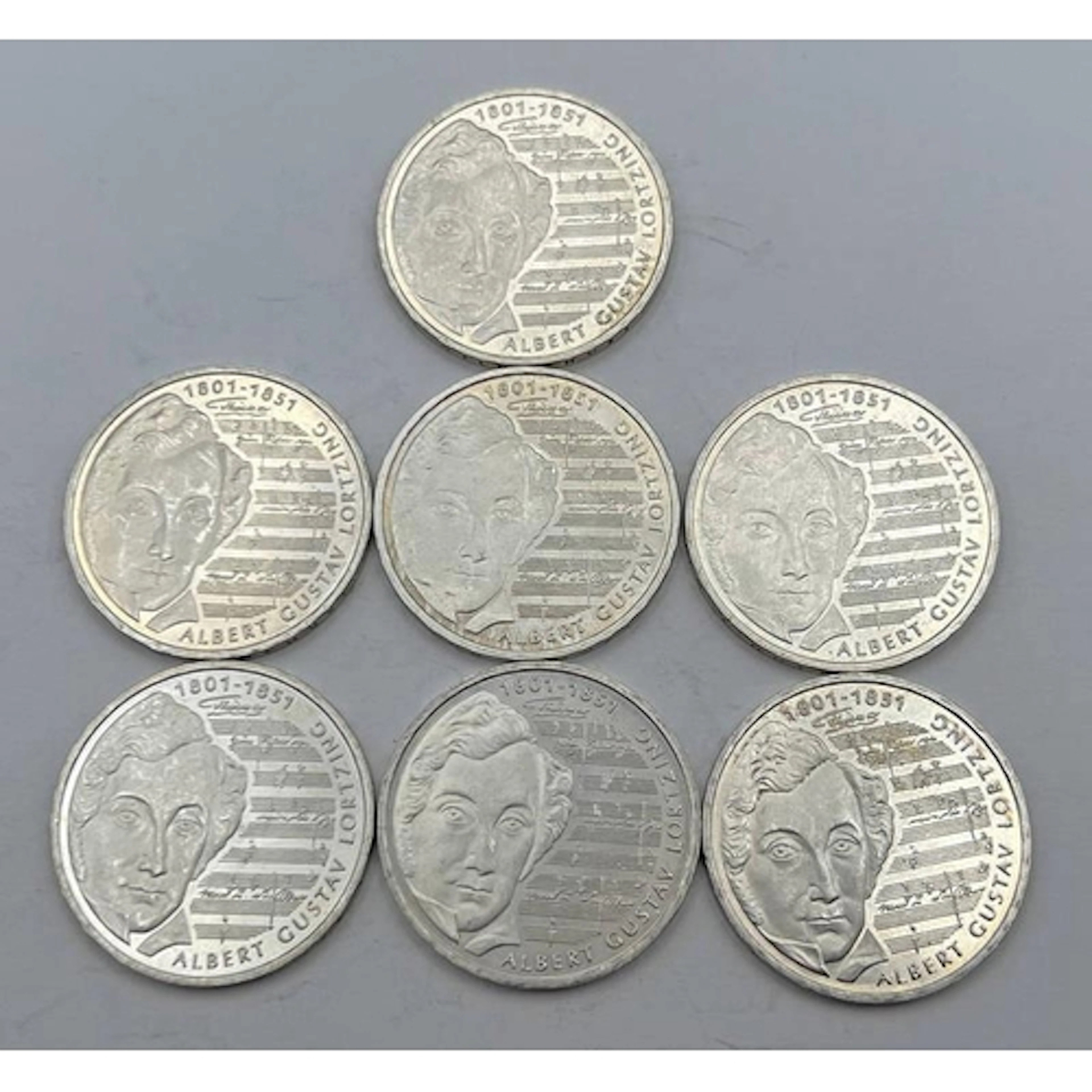7 X 2001 GERMAN 10 DEUTSCHE MARK COINS, ALL 200TH ANNIVERSAR...