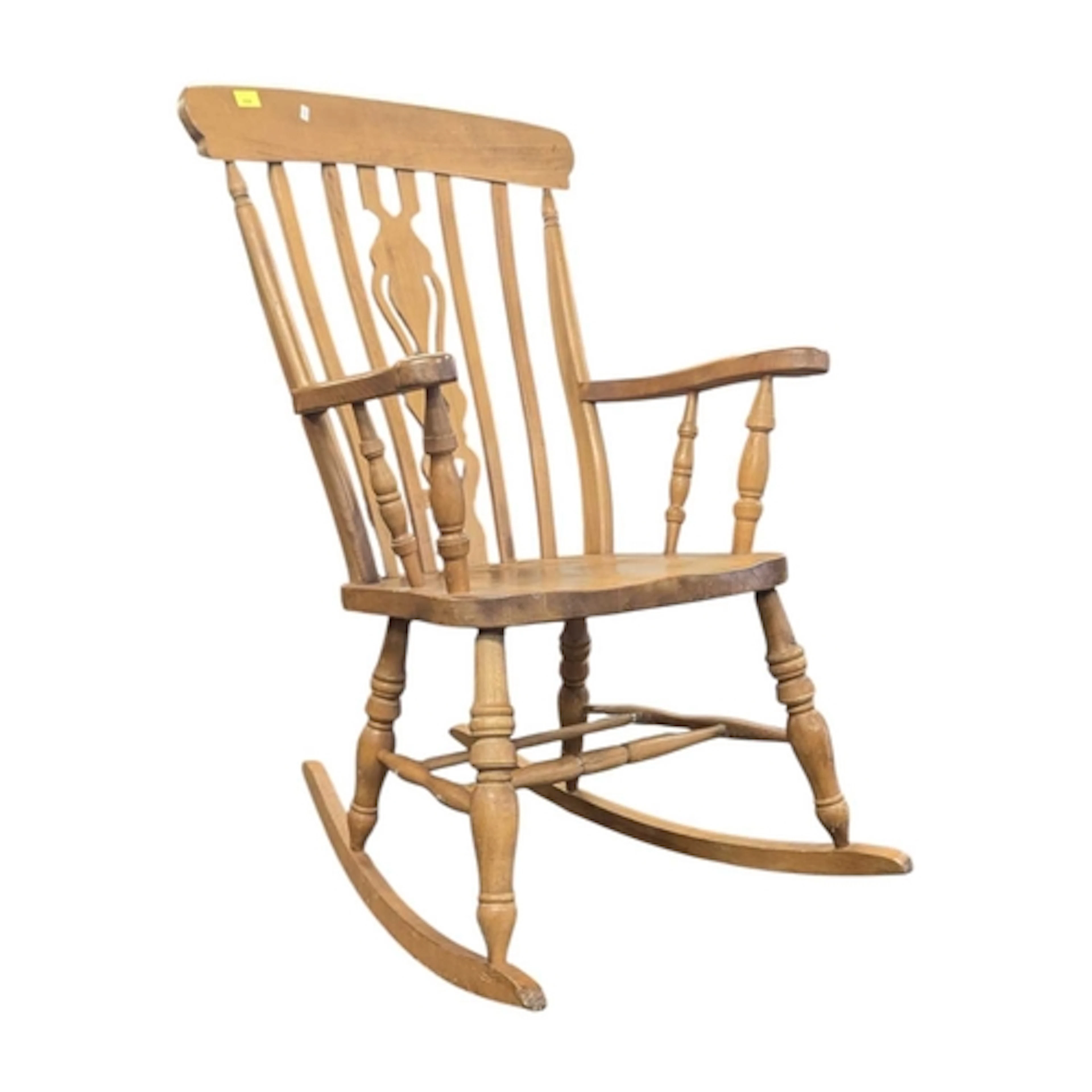 A vintage late 20th century beech and elm rocking armchair. ...