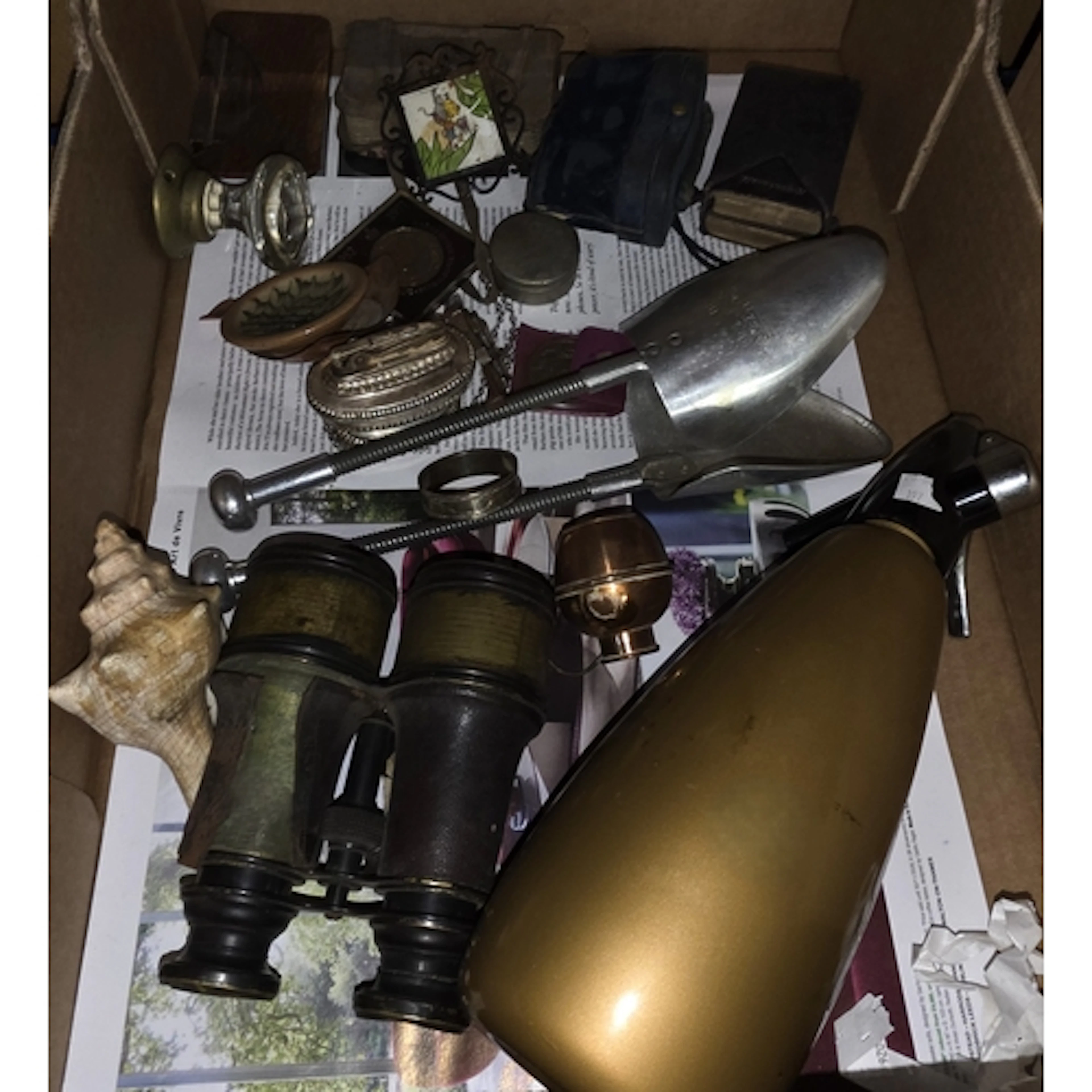 A pair of early 20th century binoculars, bric-a-brac etc.