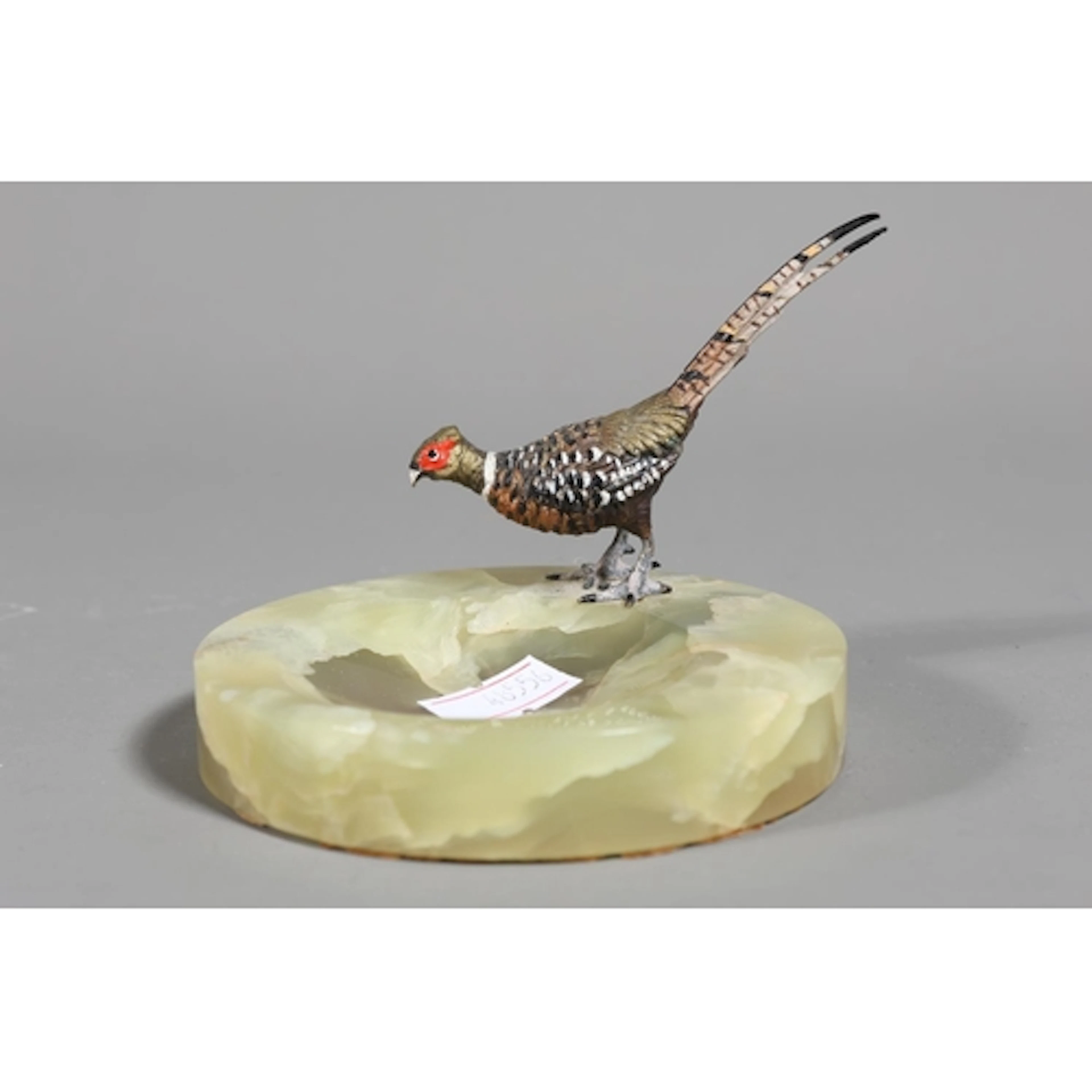 Green onyx trinket dish with cold painted pheasant to the si...