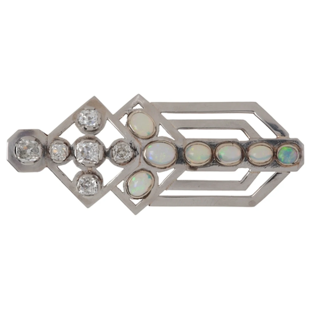An Art Deco opal and diamond brooch, 1930s, of geometric des...