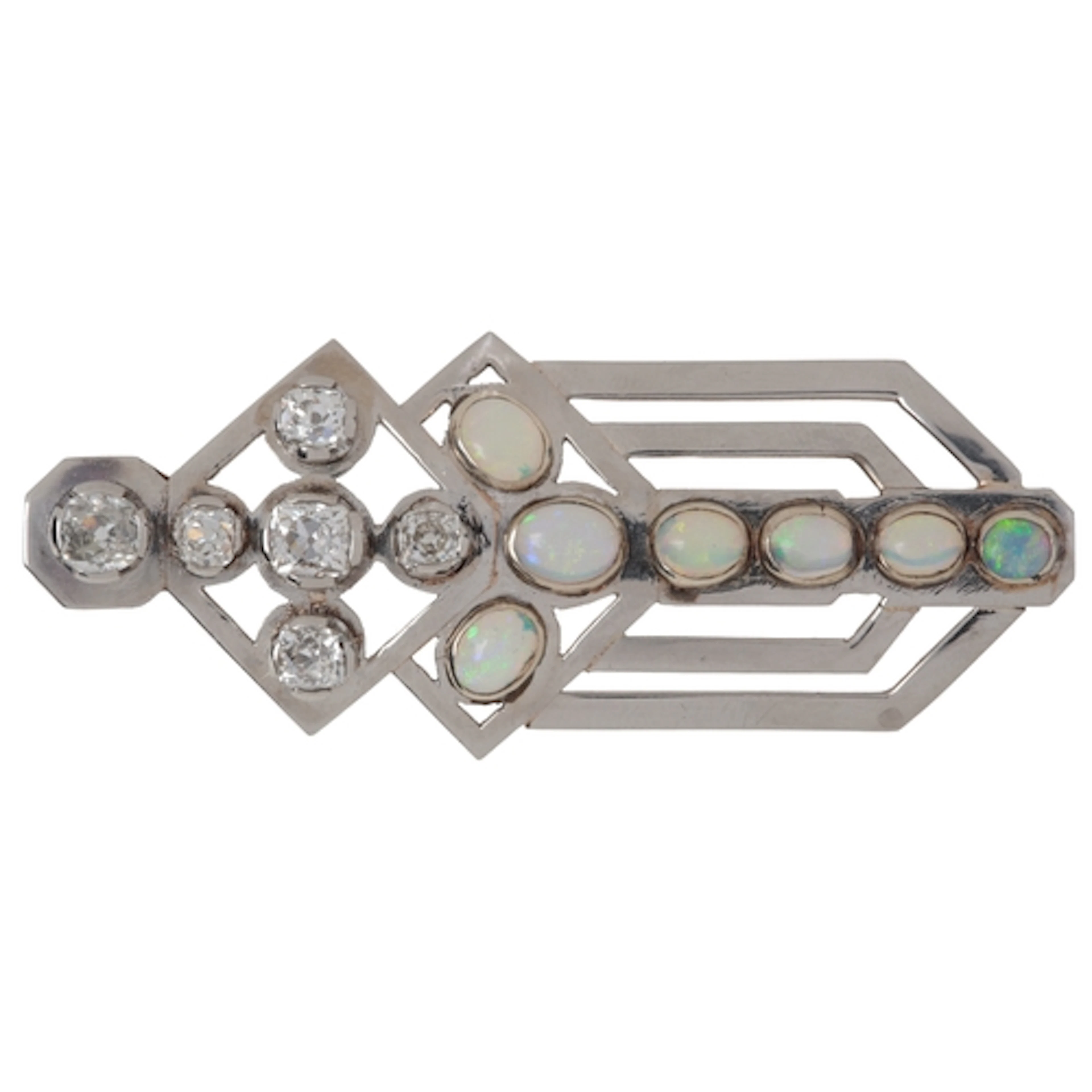An Art Deco opal and diamond brooch, 1930s, of geometric des...