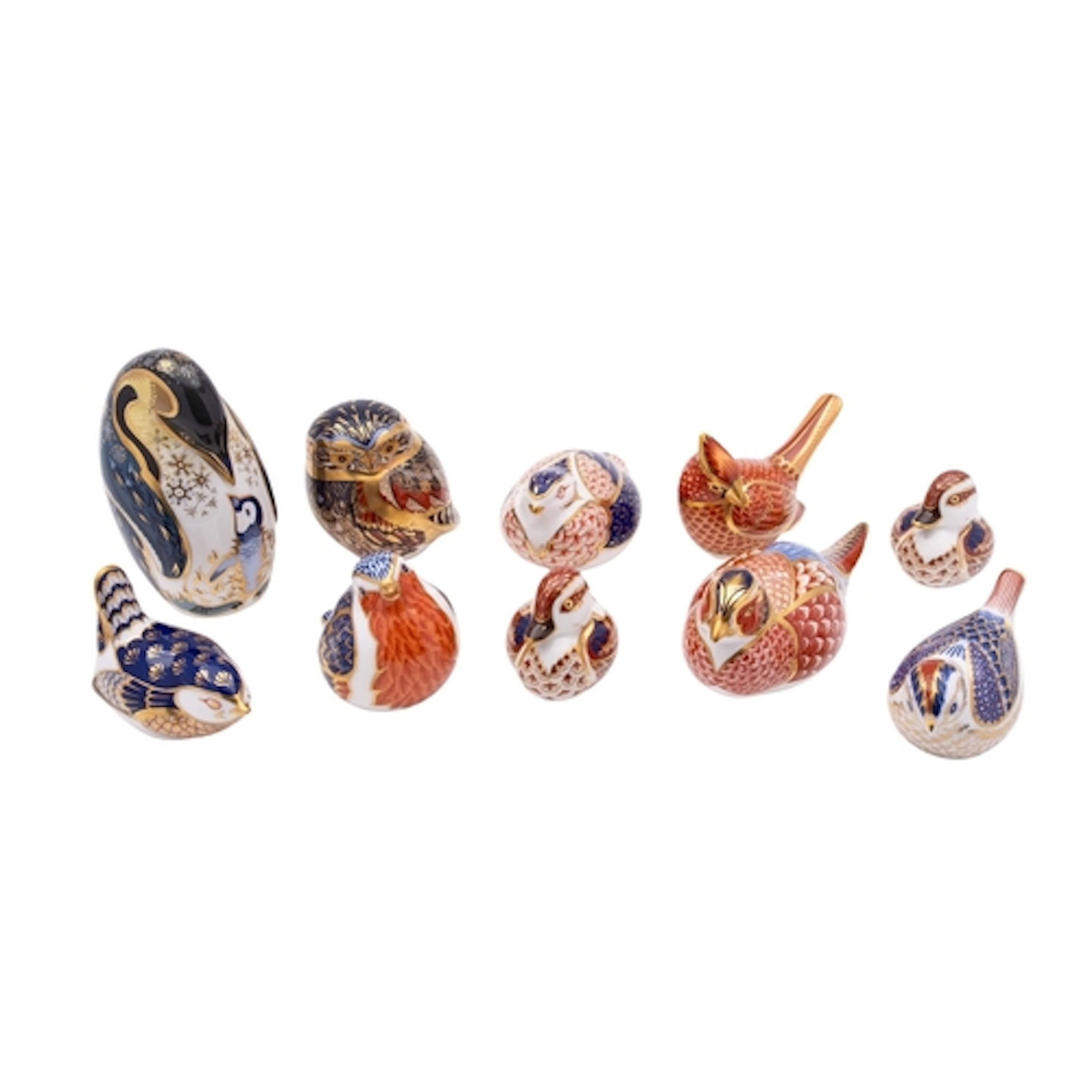 Ten Royal Crown Derby porcelain bird paperweights comprising...