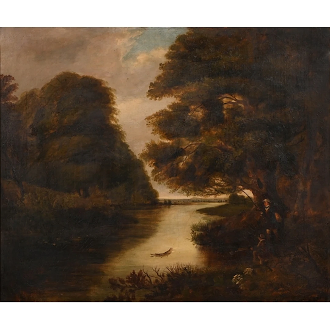 British School, 19th century - Wooded River Landscape with a...