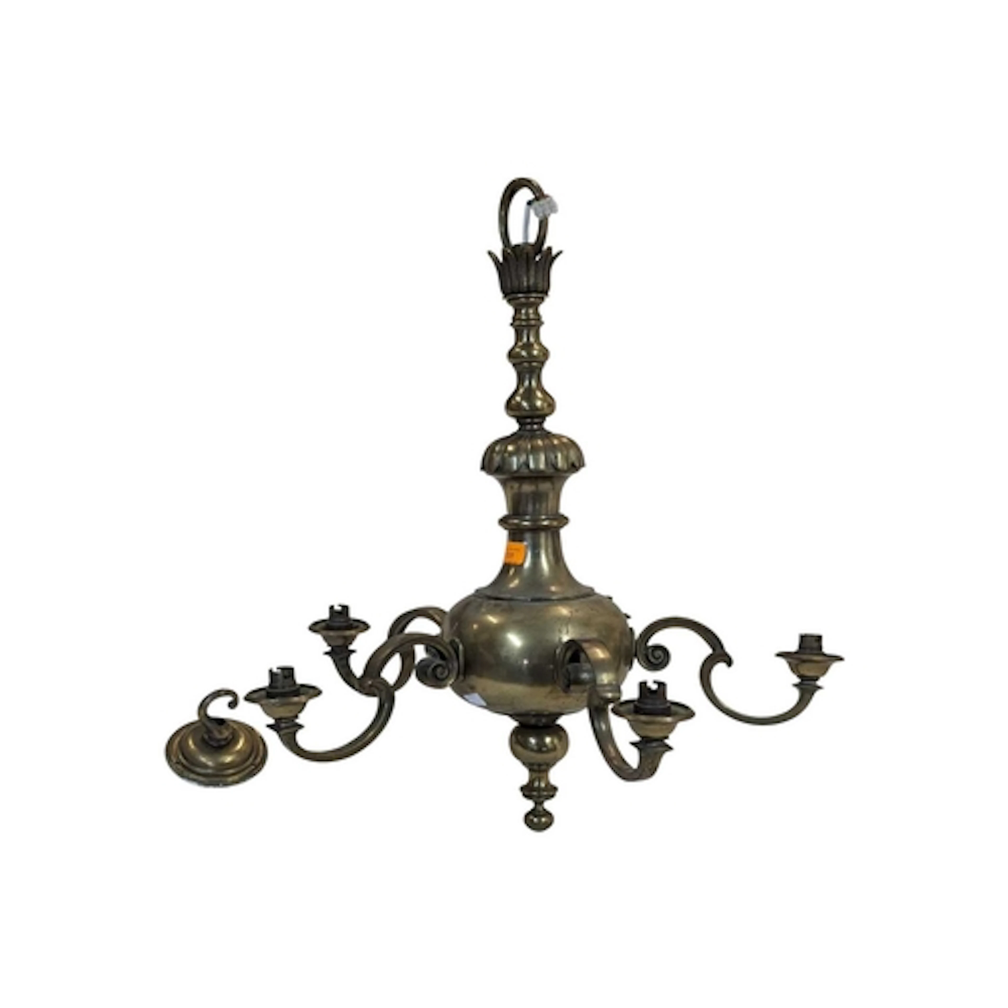 20th Century Dutch style brass hanging five branch chandelie...