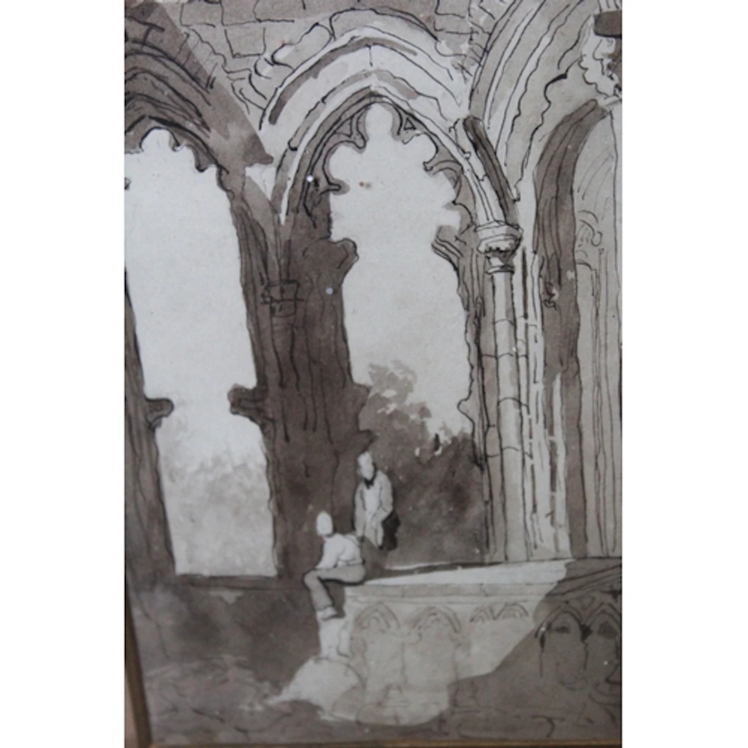 19th Century sepia watercolour, figures in church ruins, 18 ...