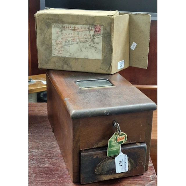 Vintage single drawer shop till with a box of assorted paper...