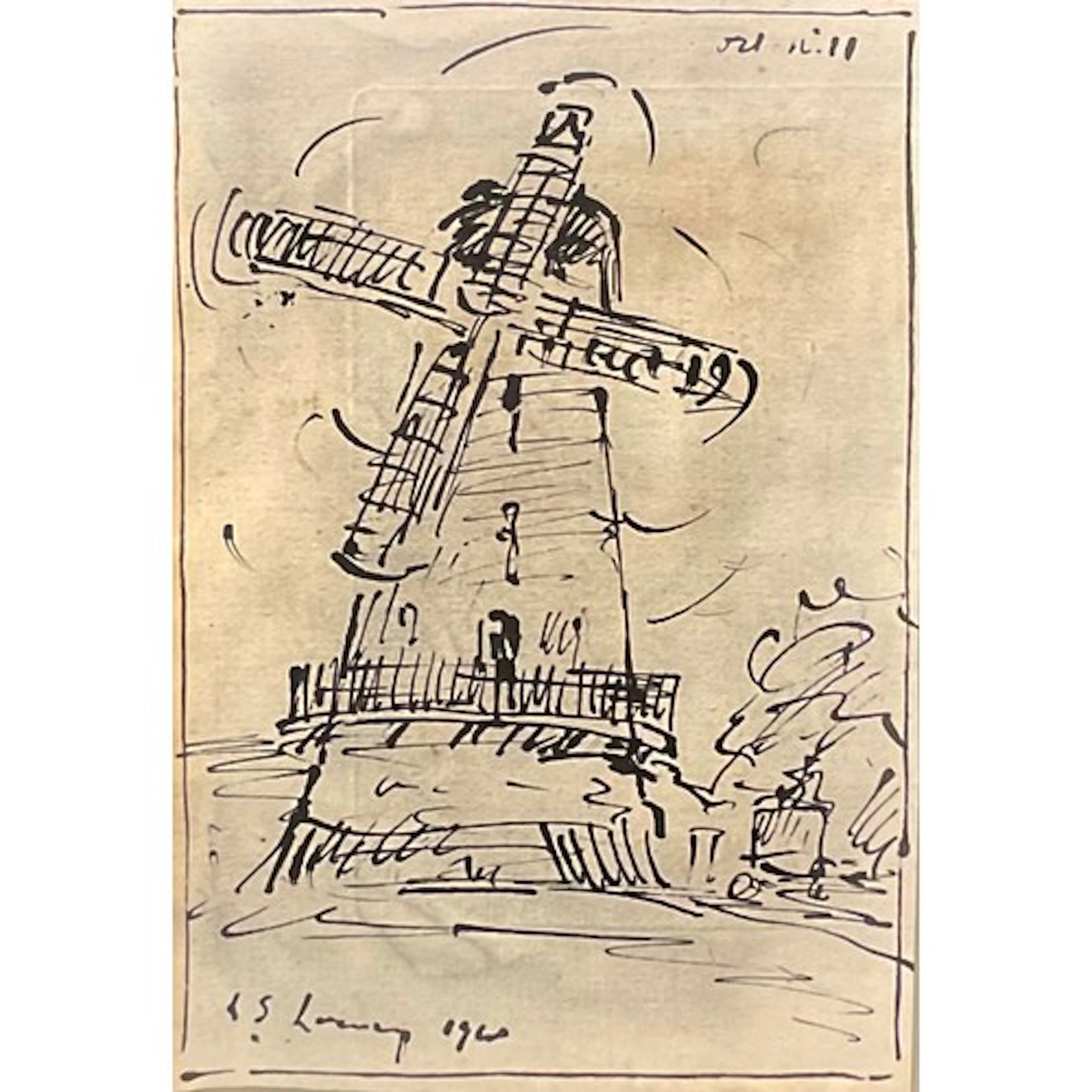After LS Lowry Windmill pen and ink 15.5cm x 23cm