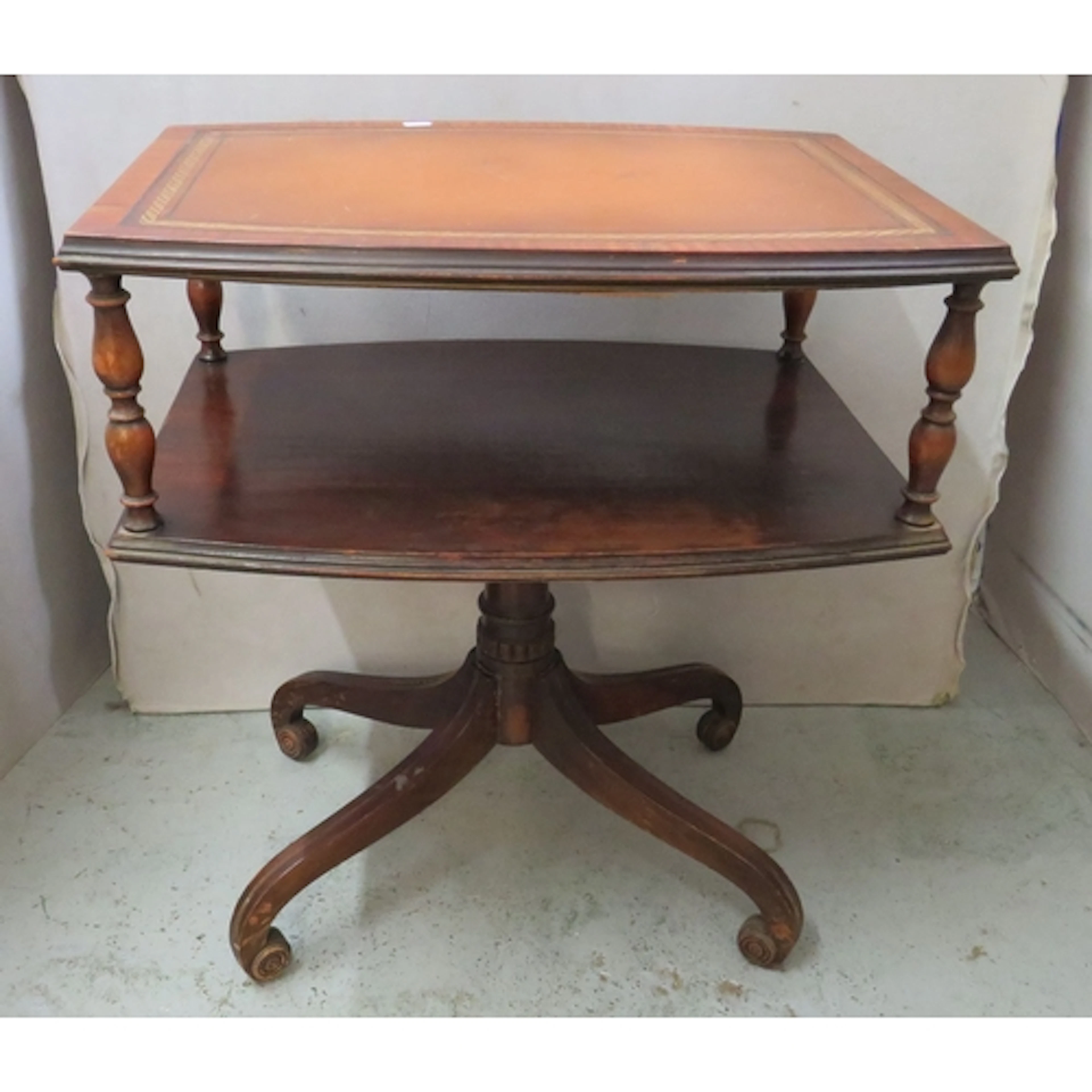 Vintage 2 Tier Mahogany Side Table, gilt tooled faux leather...