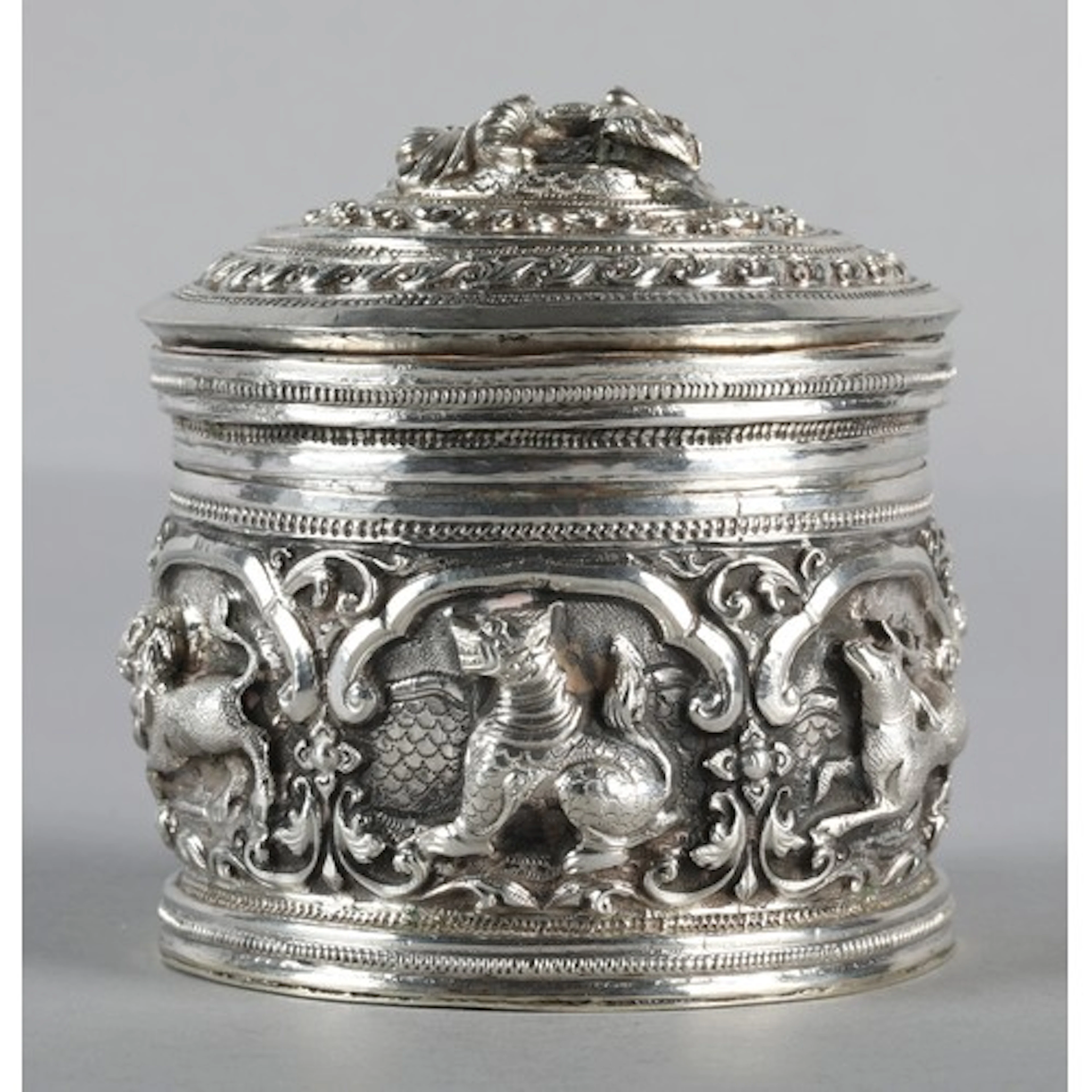 Burmese silver coloured betel box (paan dan) of cylindrical ...