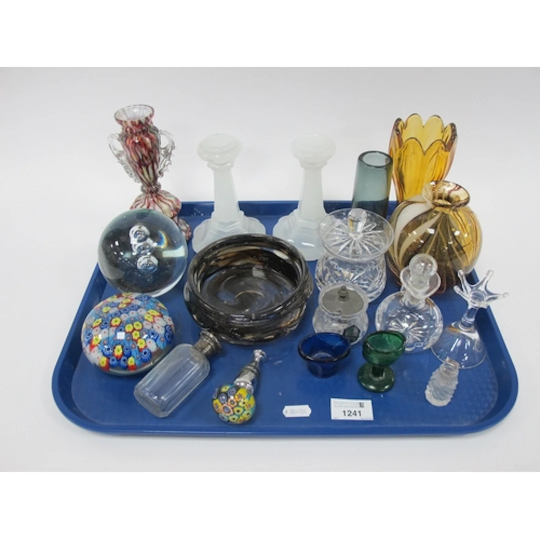 Eye Baths, silver-topped bottle, paperweights, Dartington ri...
