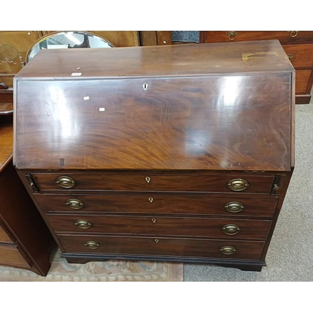19TH CENTURY MAHOGANY BUREAU WITH FALL FRONT OVER 4 GRADUATE...