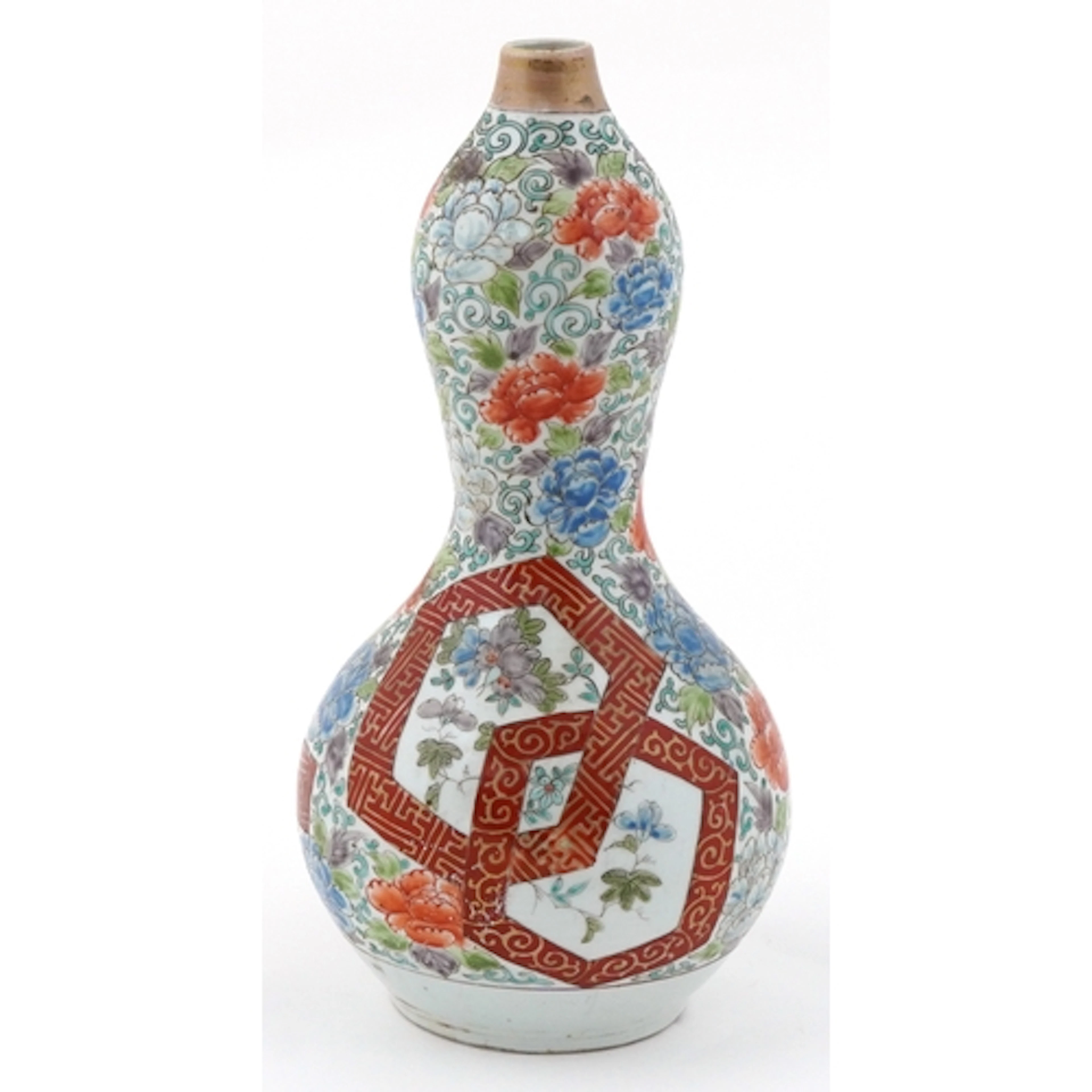 Large Japanese Kutani double gourd porcelain vase with flora...