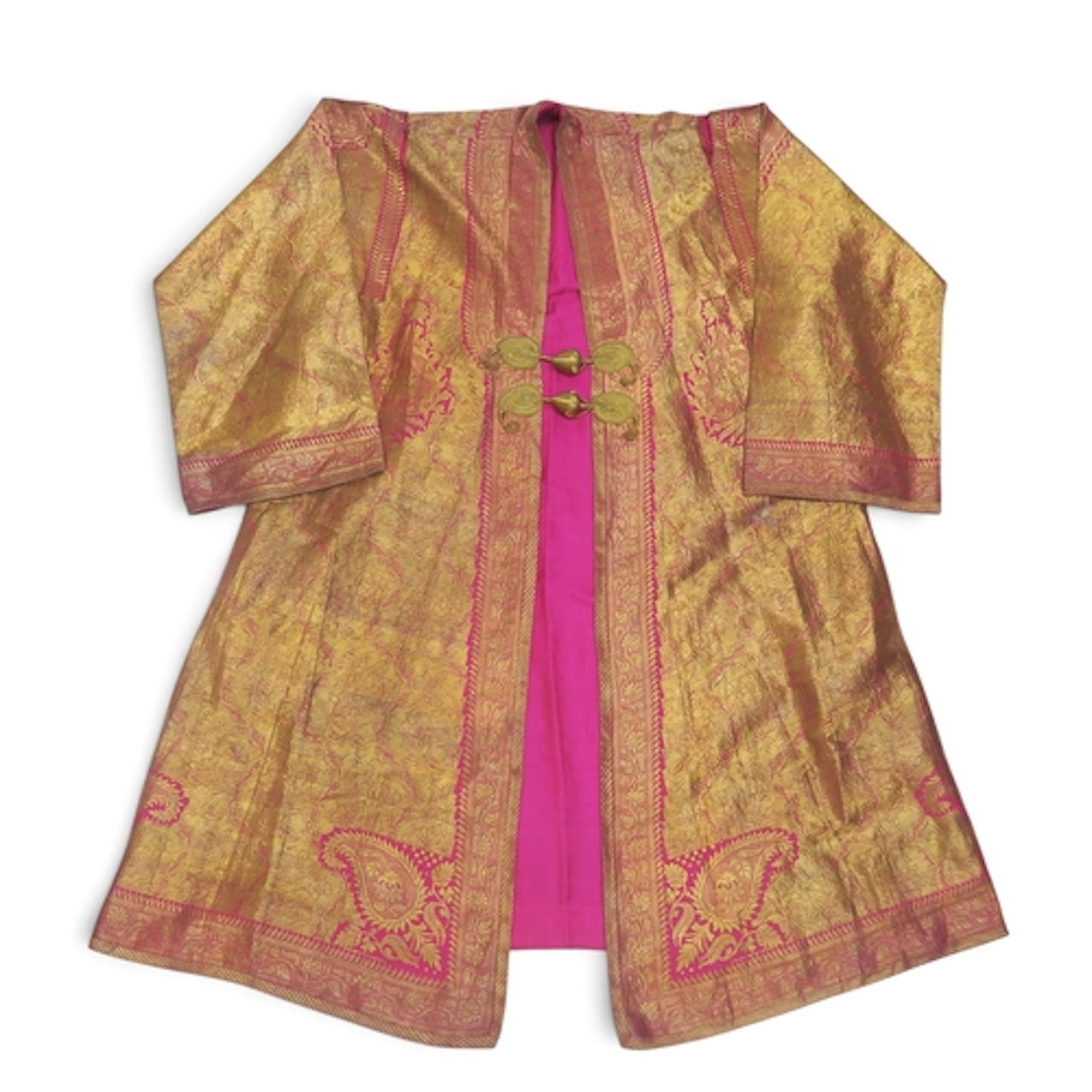 A pink silk choga with metallic Varanasi brocade design of b...
