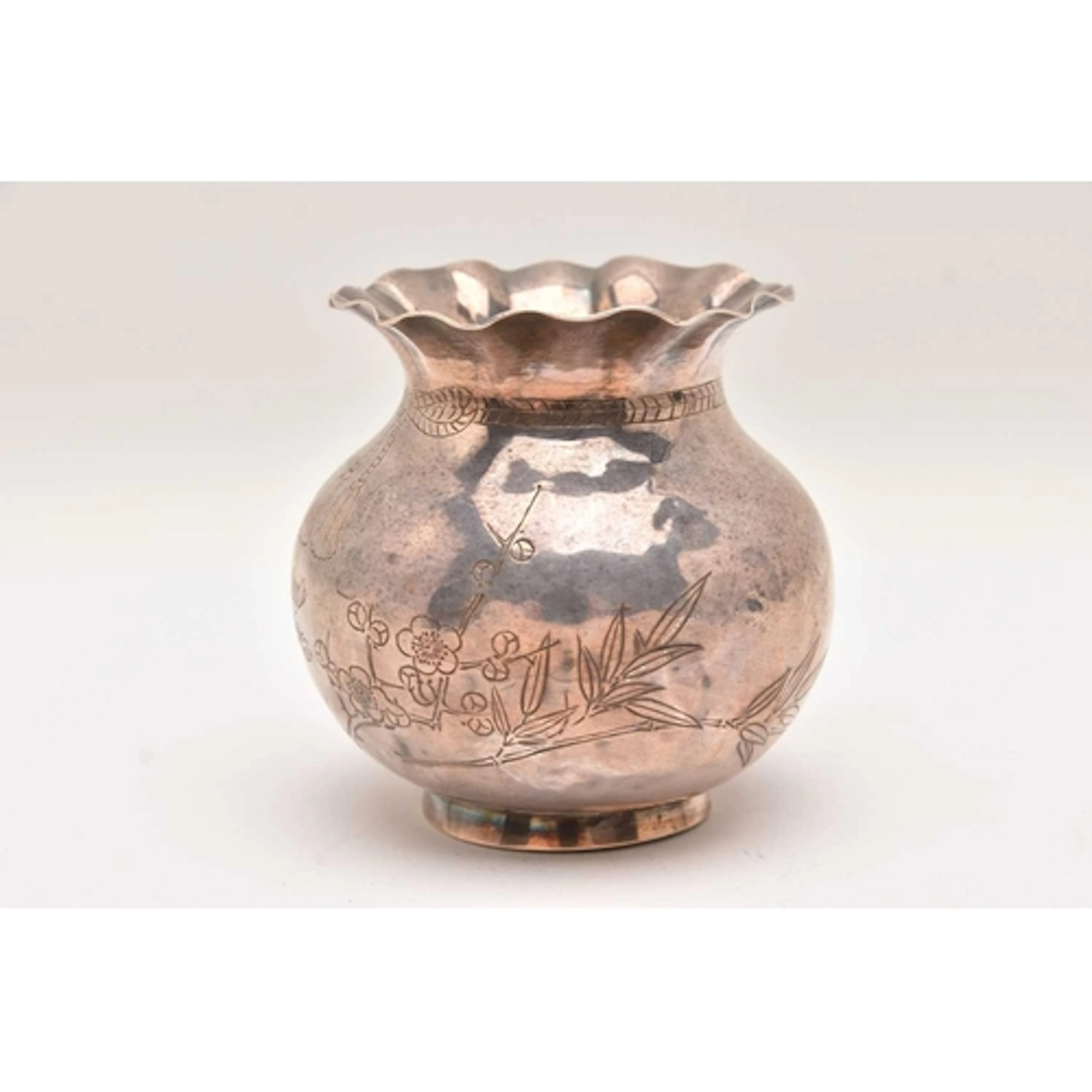 A CONTINENTAL WHITE METAL VASE, with etched floral and rope ...