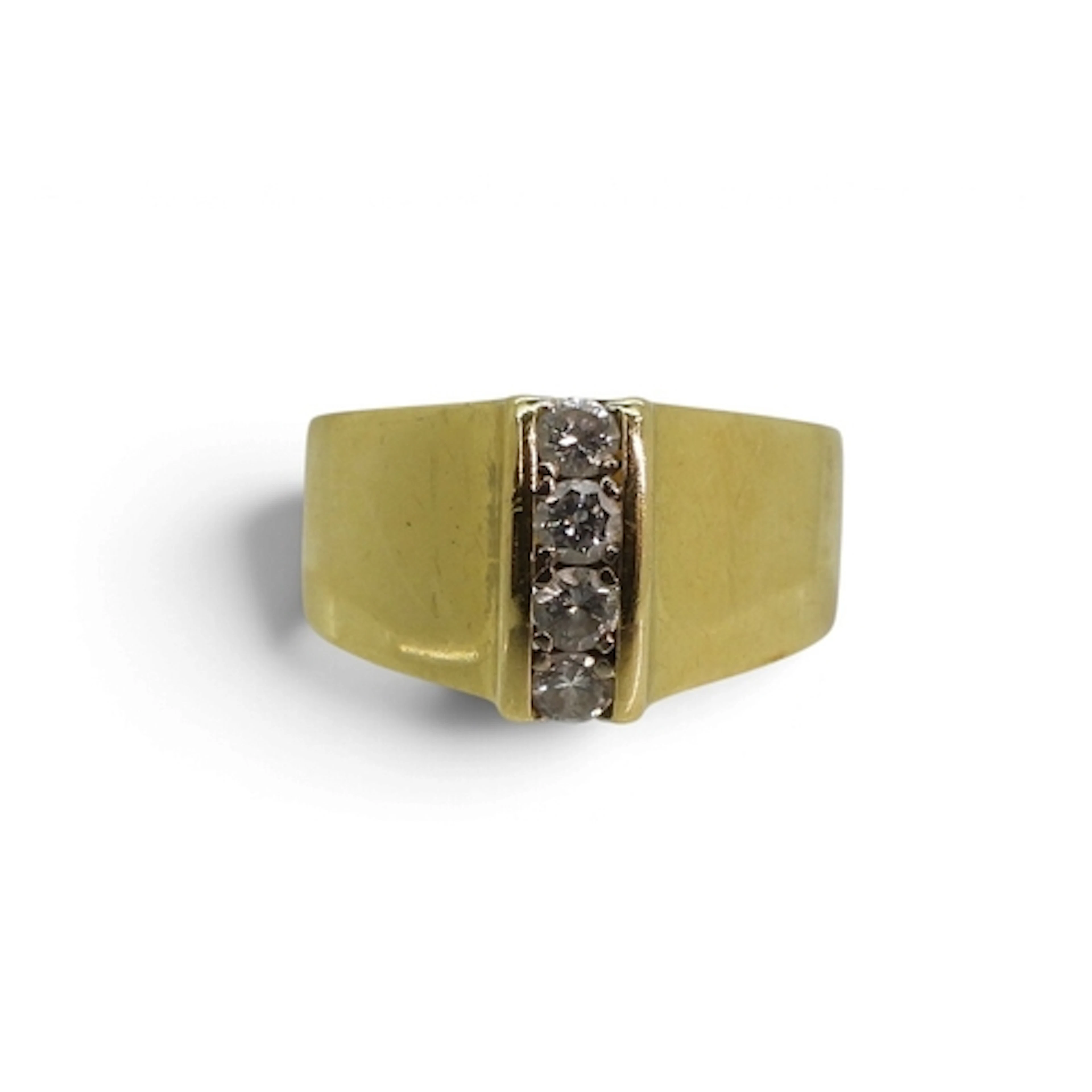 An 18ct gold retro ring set with four diamonds, London hallm...