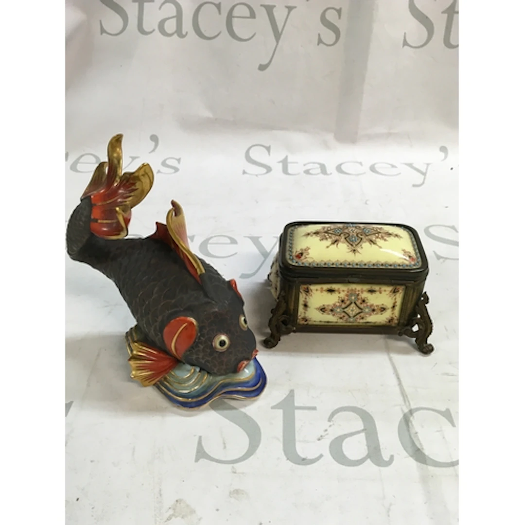 A porcelain Herend fish and ceramic trinket box.