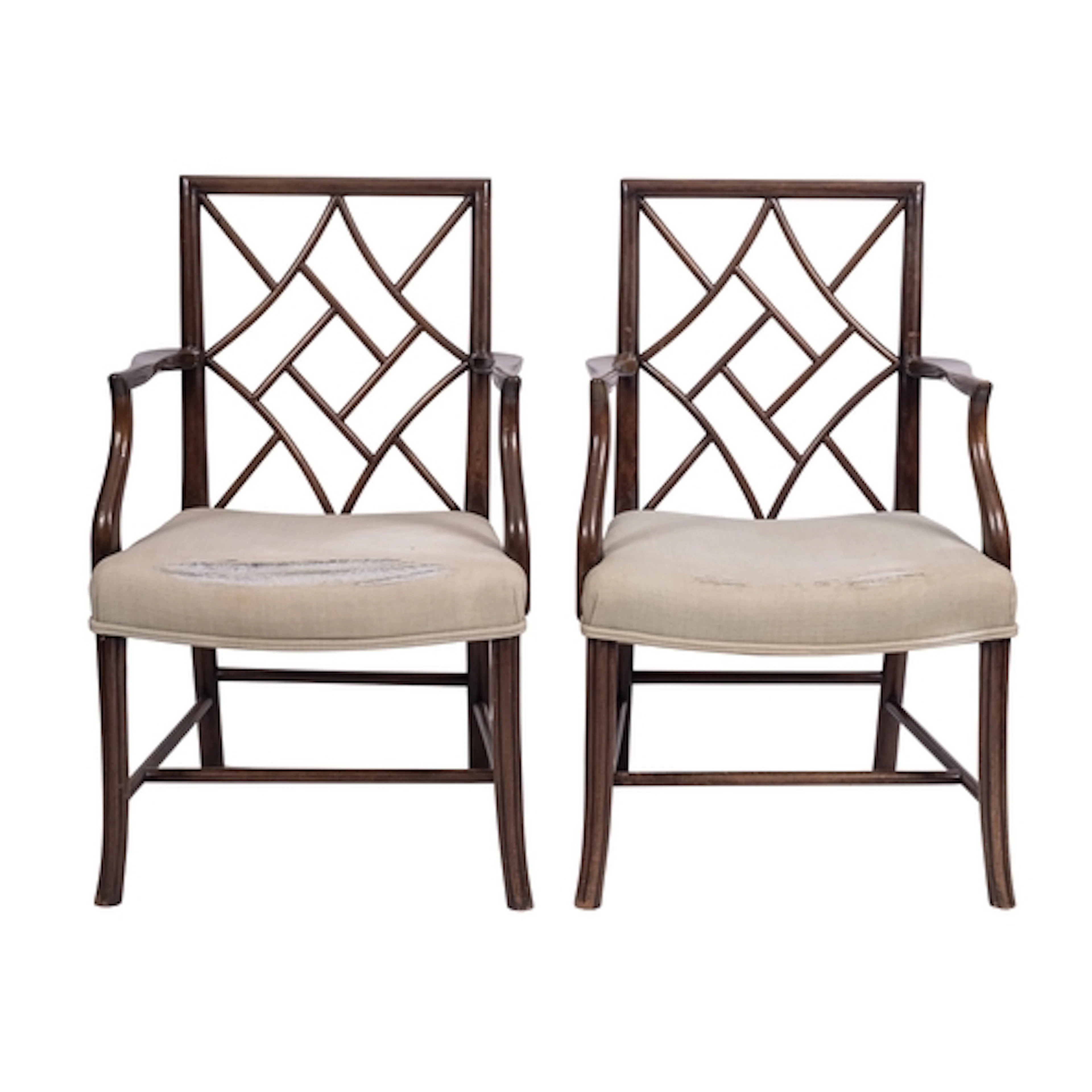 A pair of stained hardwood and upholstered elbow chairs in C...