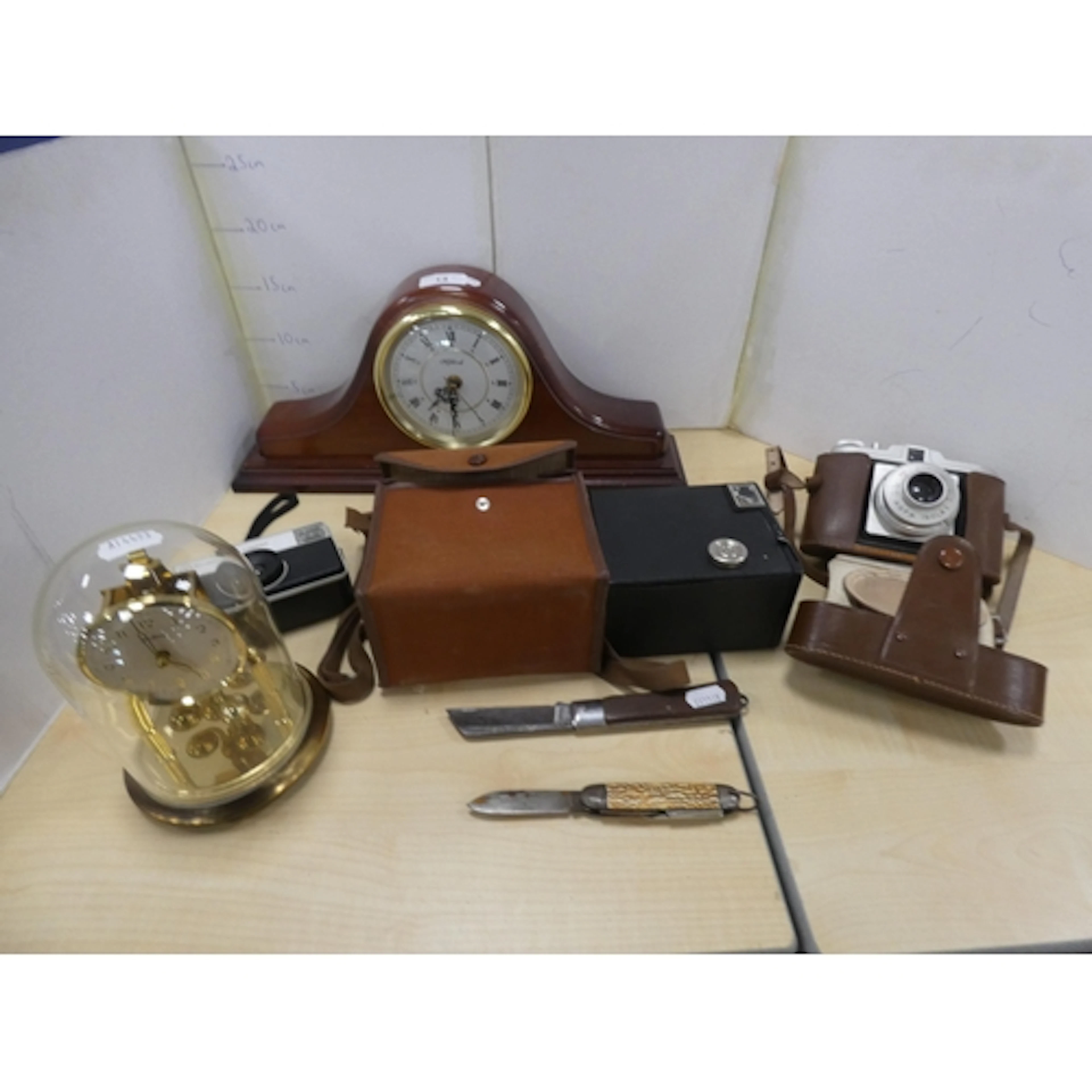 Modern mantel clock, small anniversary clock, box camera, Ag...