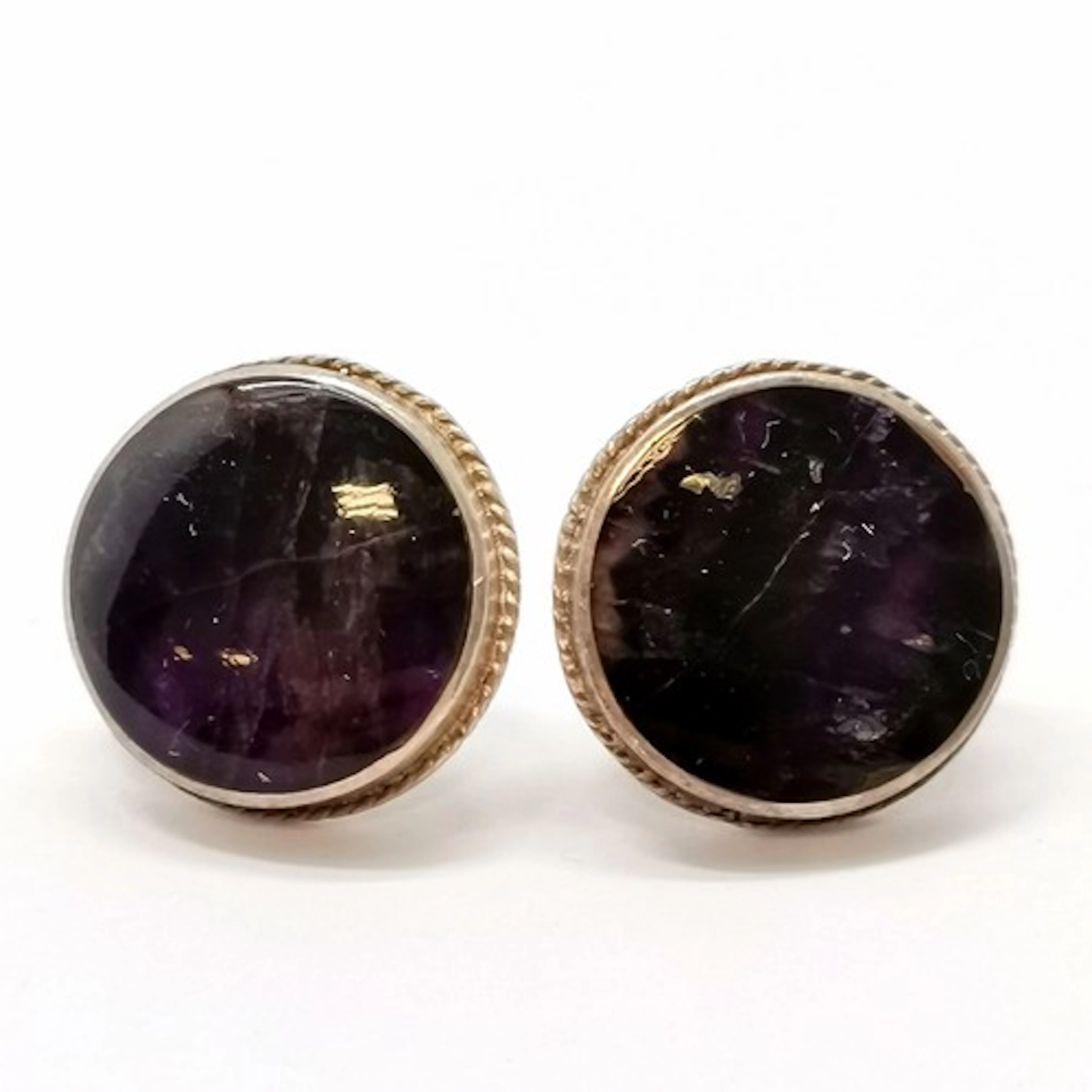 Pair of silver marked earrings set with blue john - 2cm diam...