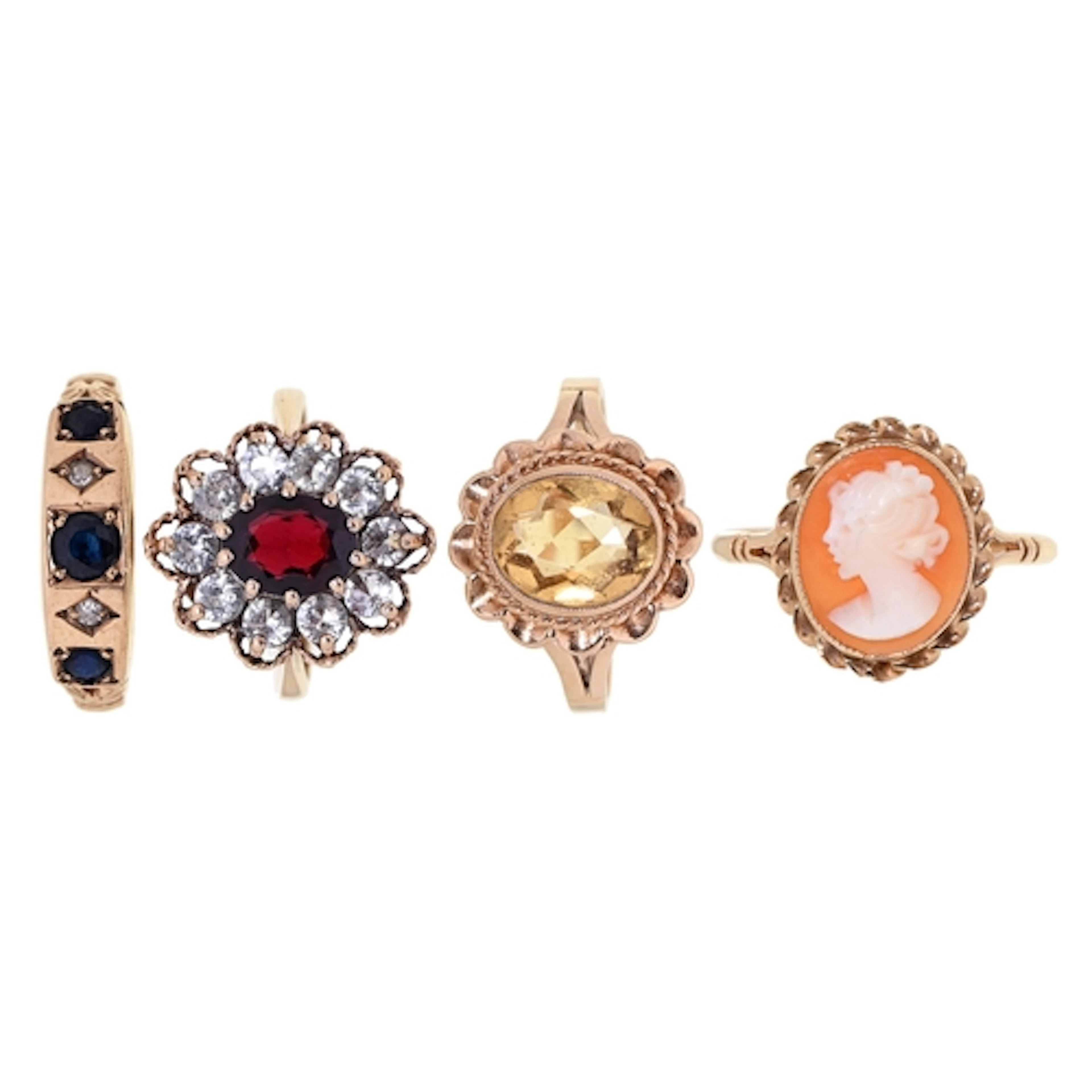 A cameo ring and three other rings, variously gem set in 9ct...