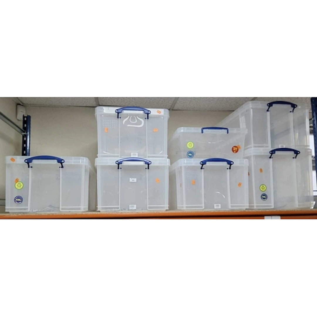 SEVEN 'REALLY USEFUL BOX' LARGE PLASTIC BOXES, comprising an...