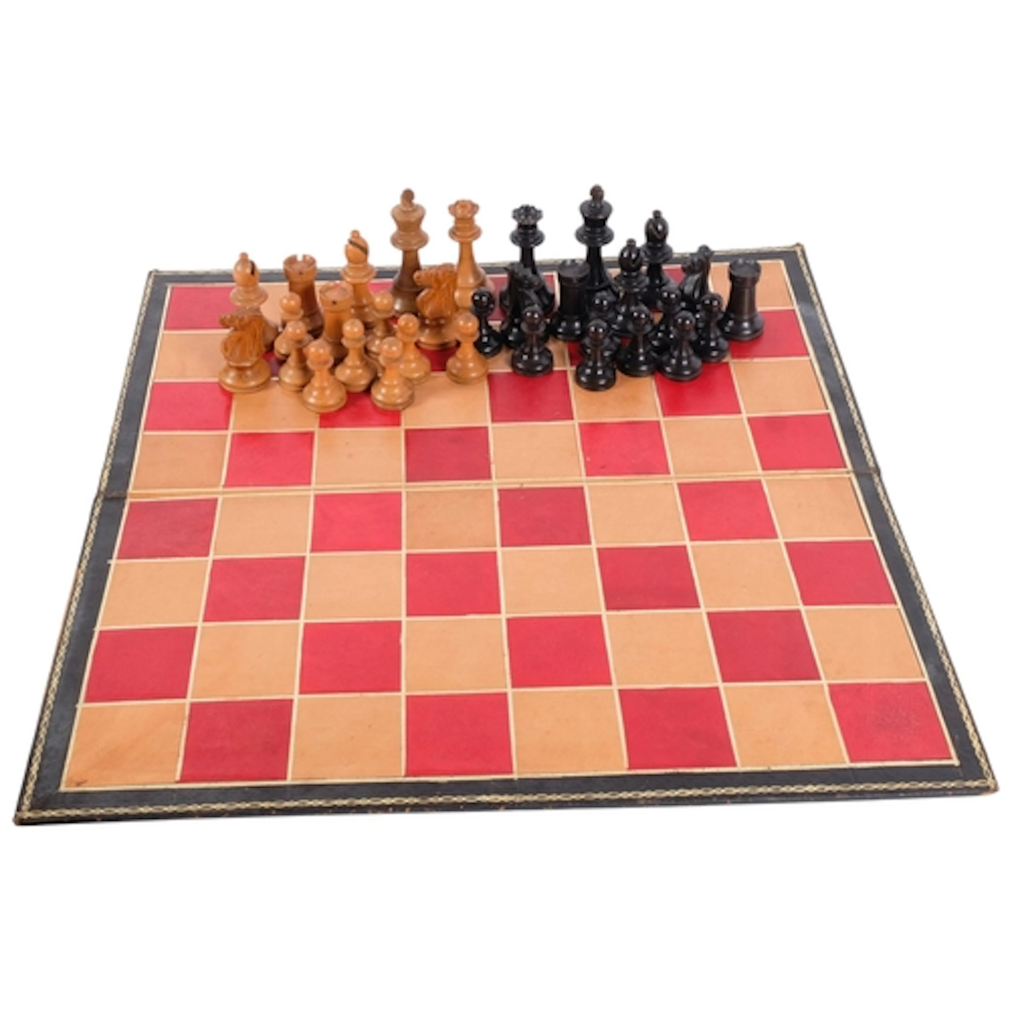 A Vintage chess set, King height 8.5cm, with a Vintage leath...
