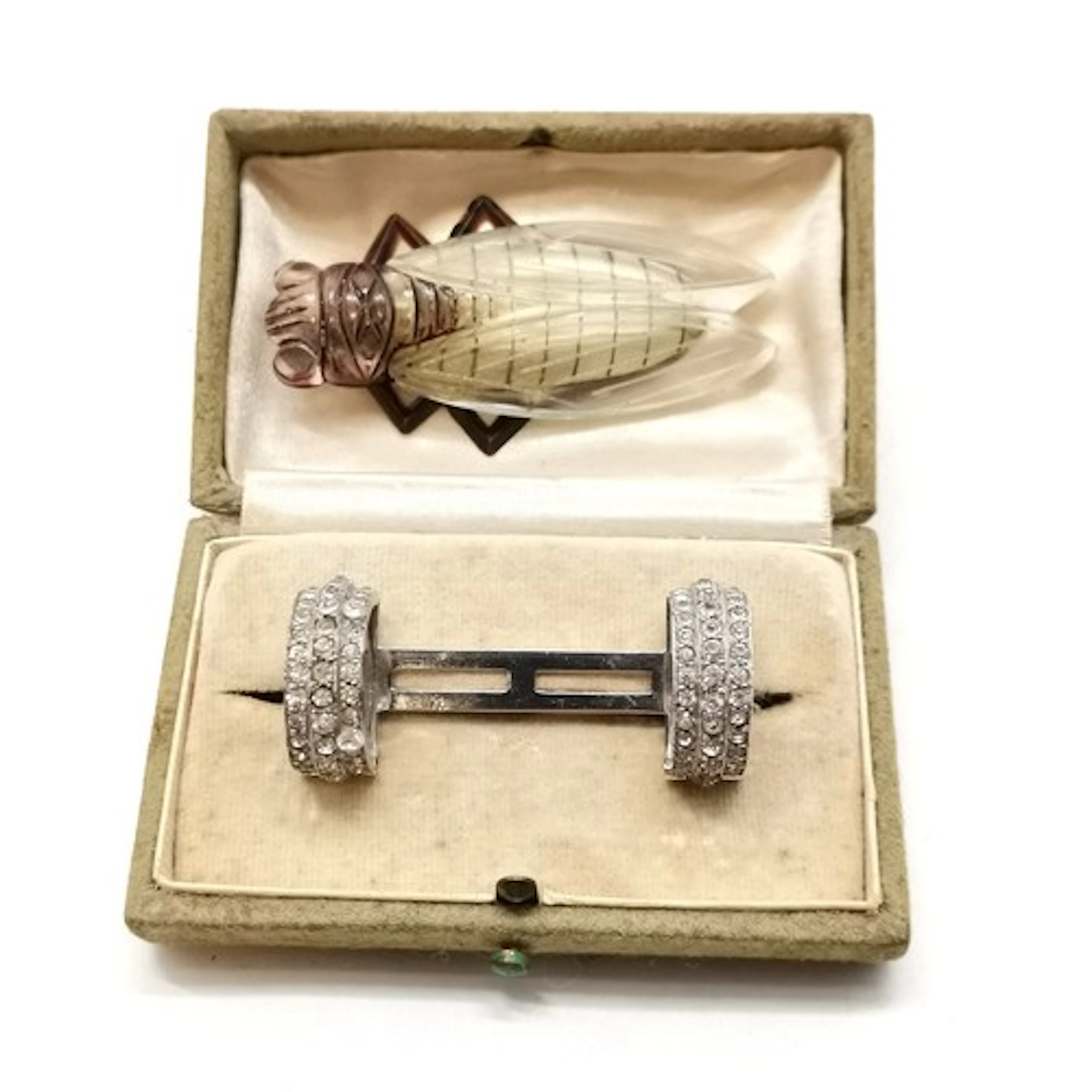 Boxed Art Deco double brooch clip t/w plastic cicada bug bro...