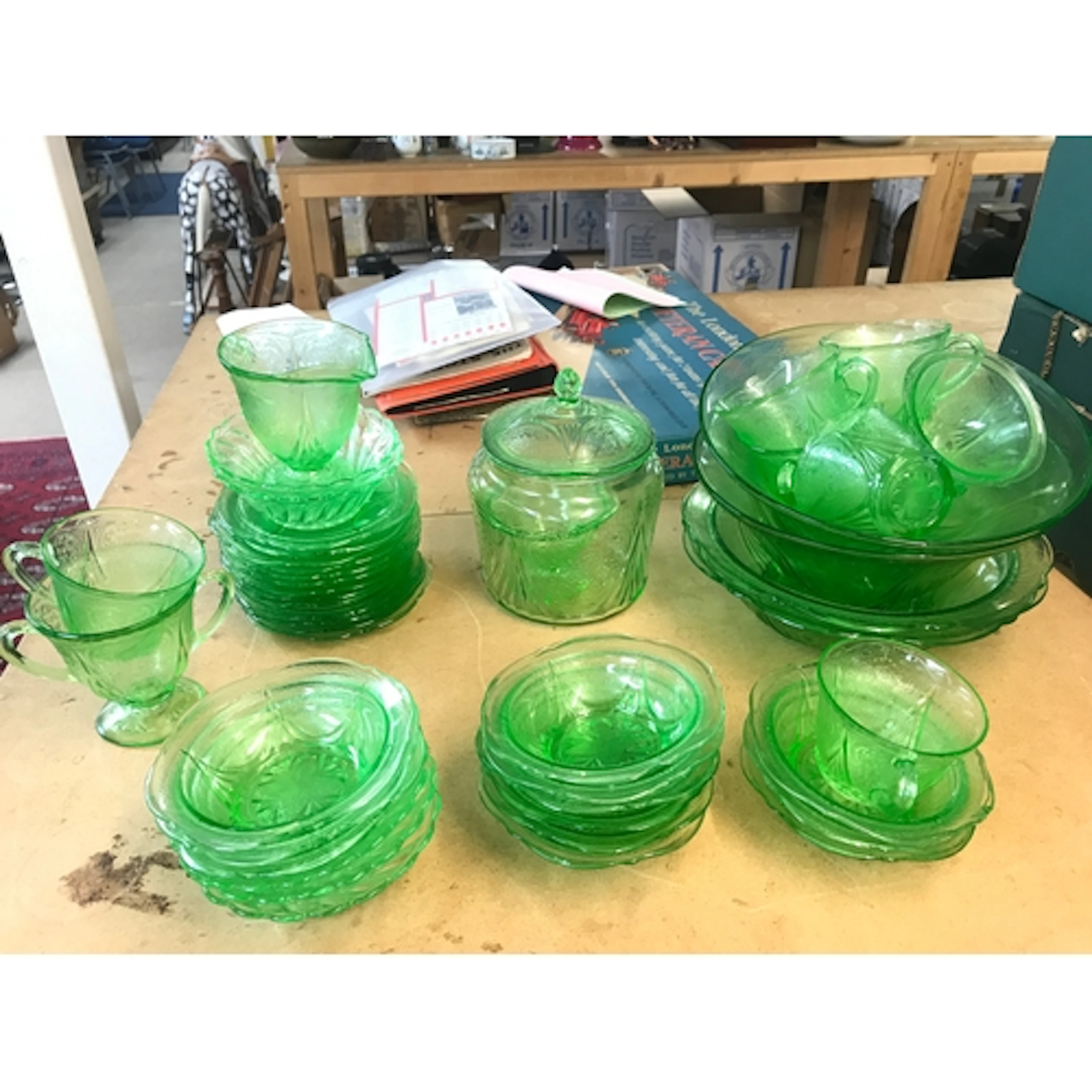 A Collection of Green press mould glass including cups, plat...