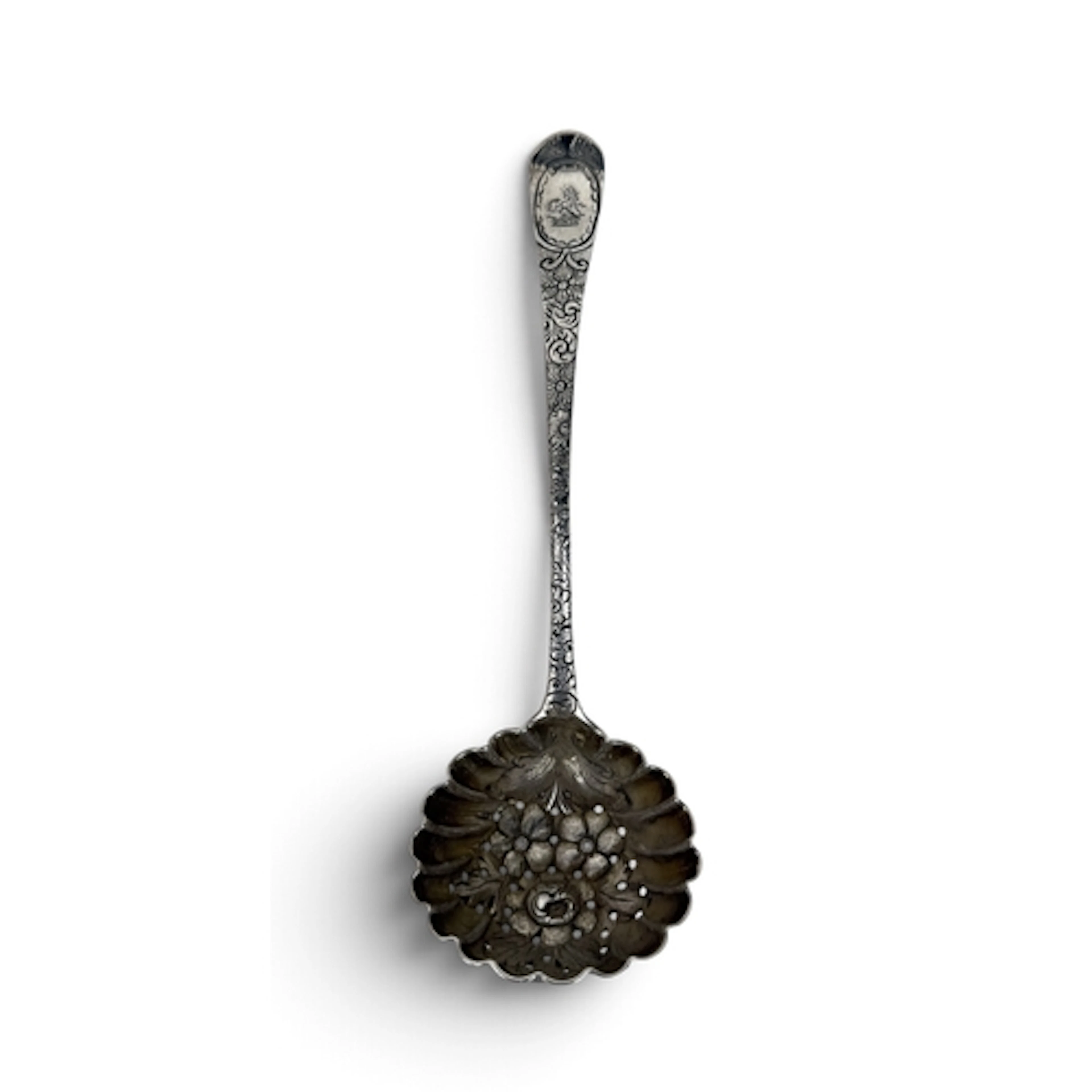A GEORGE III SILVER SIFTER SPOON, LATER EMBOSSED IN 'BERRY' ...