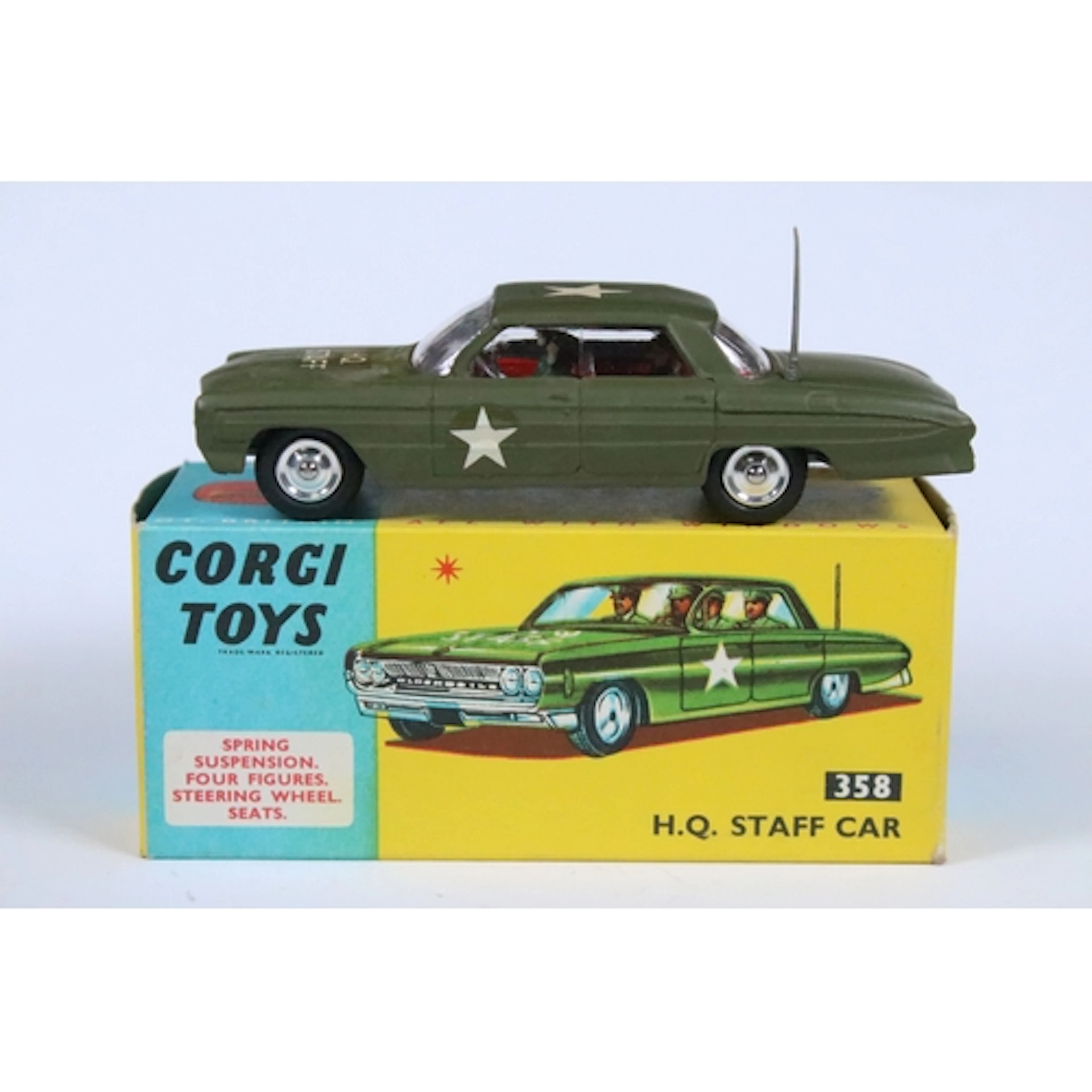 Boxed Corgi 358 HQ Staff Car diecast model in green with red...