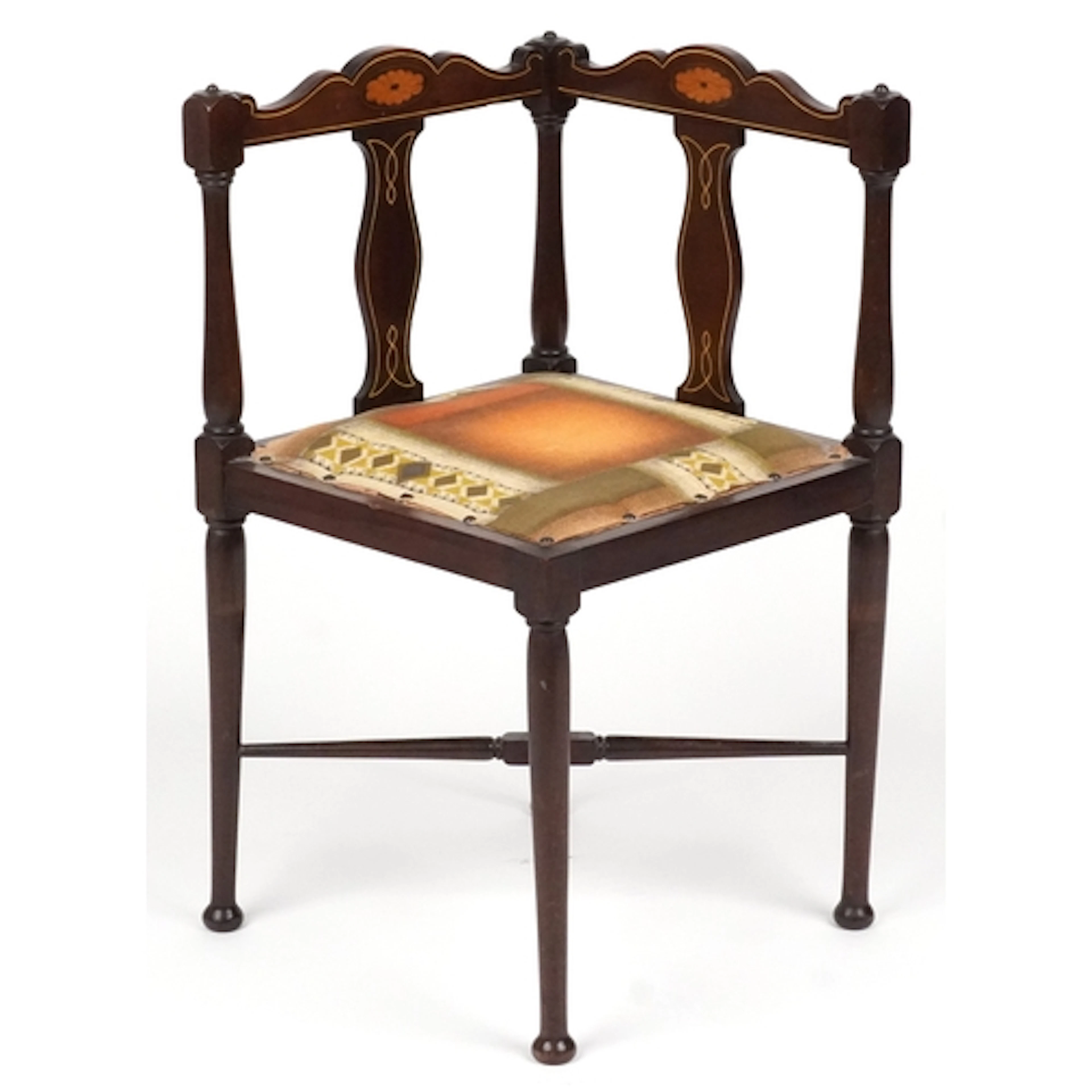 Edwardian mahogany corner chair with satinwood inlay, shaped...