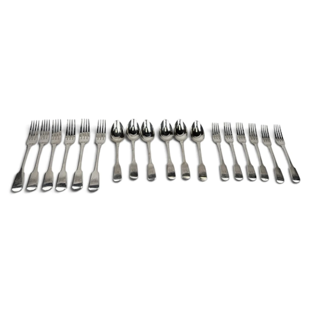 A SET OF SIX GEORGE III SILVER FIDDLE PATTERN PART CANTEEN, ...