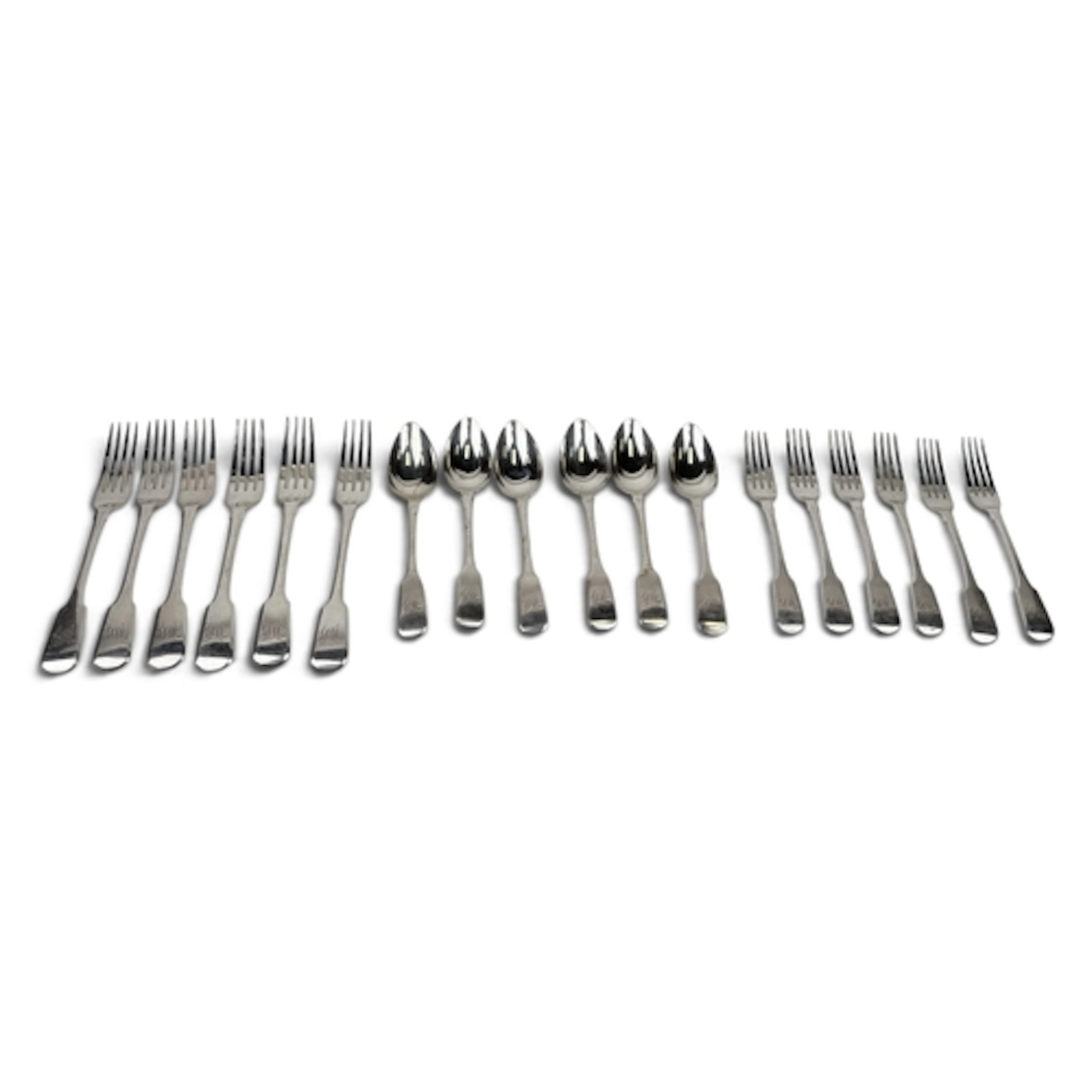 A SET OF SIX GEORGE III SILVER FIDDLE PATTERN PART CANTEEN, ...