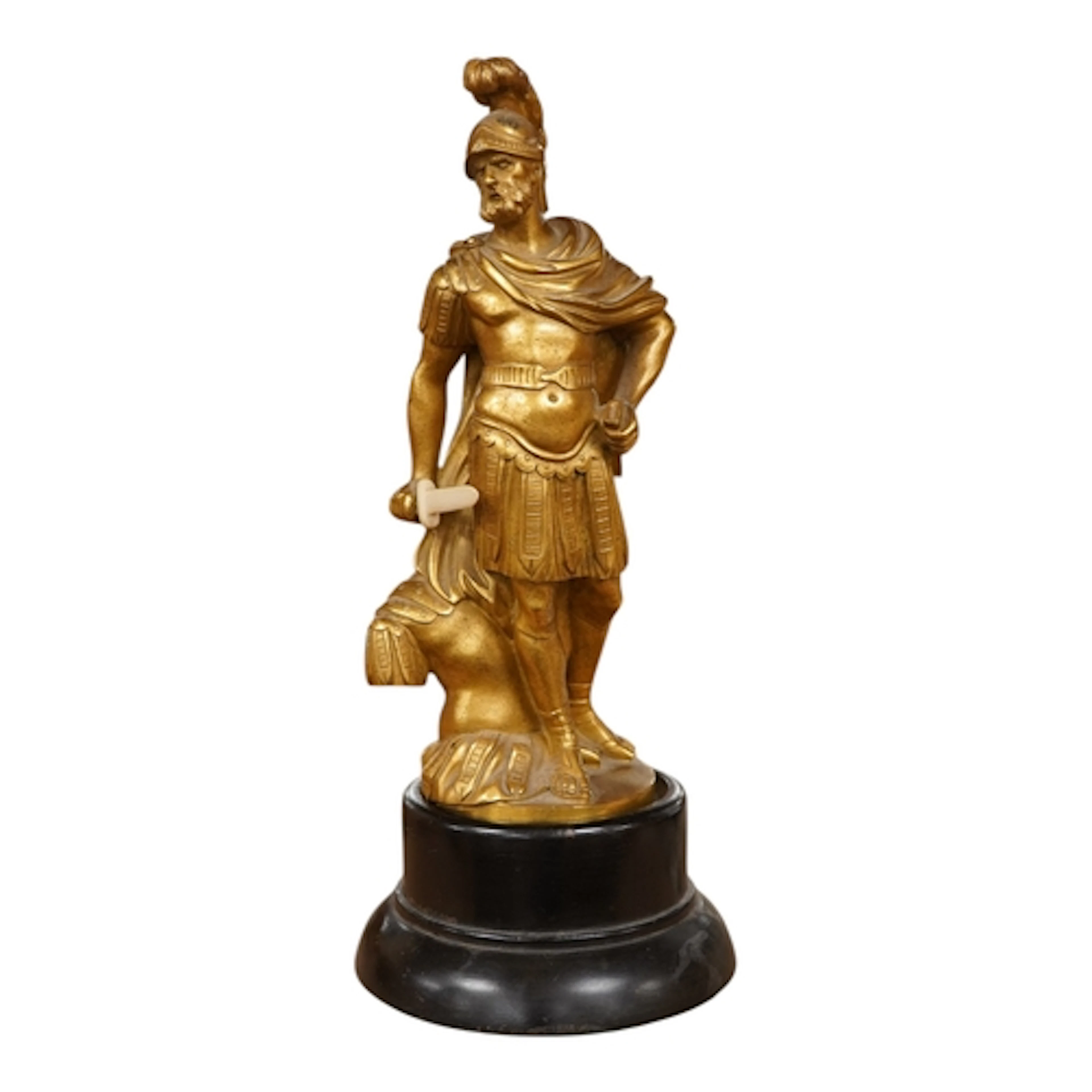 A 19th century ormolu figure of a Roman warrior, ebonised pl...