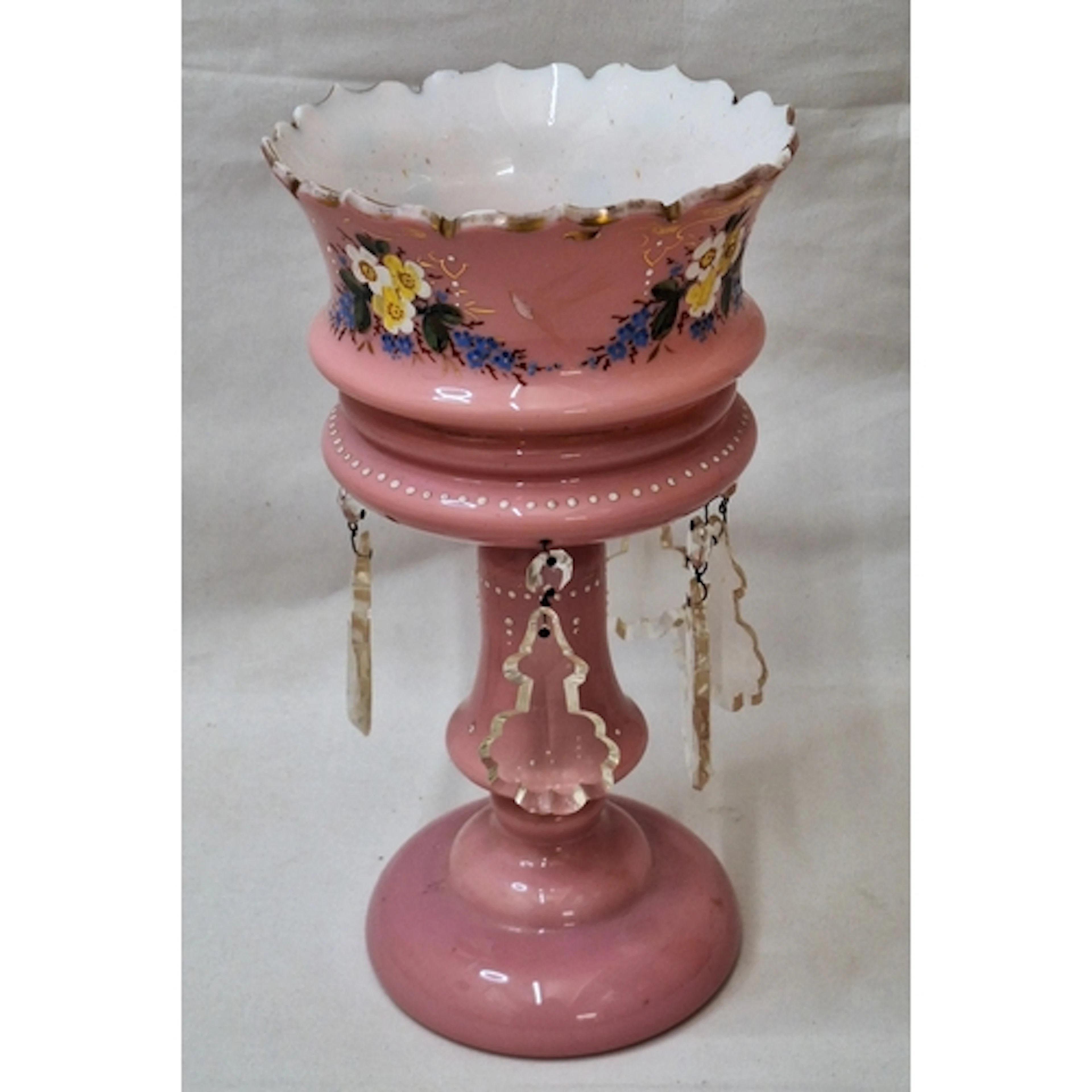 Antique Victorian Opaque Pink Glass Lustre with handpainted ...