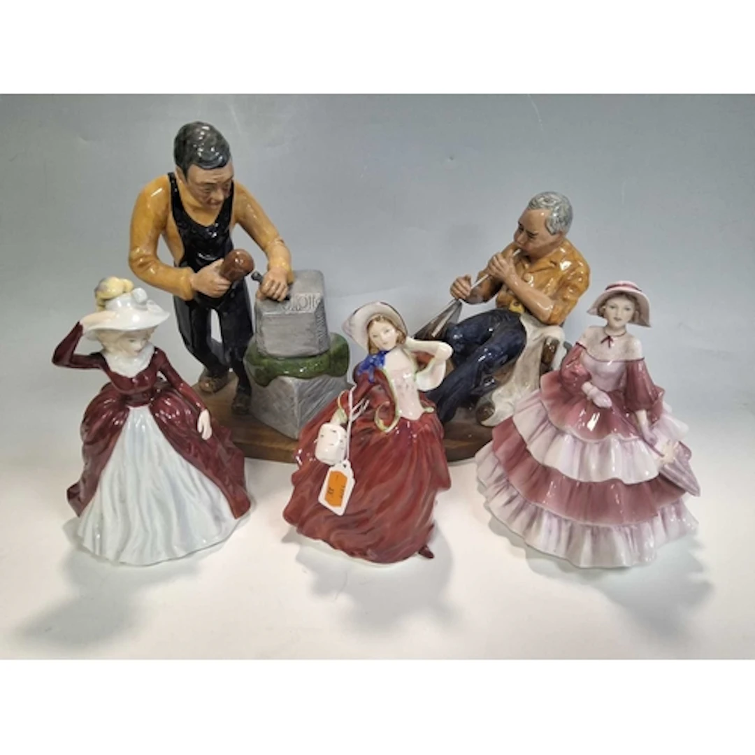 A GROUP OF CERAMIC FIGURINES comprising two Coalport ladies,...