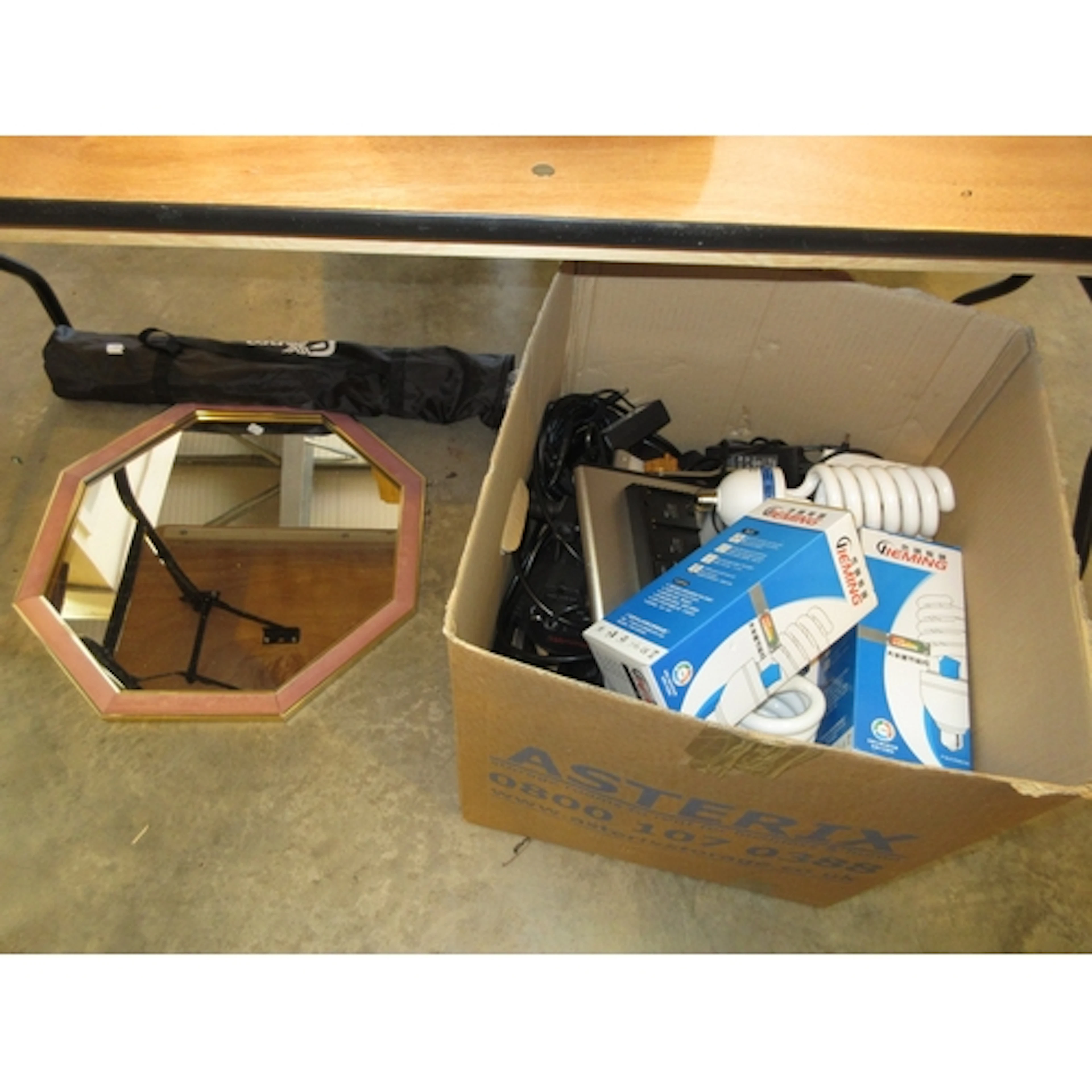 Box of Studio Lighting and Octagonal Wall Mirror