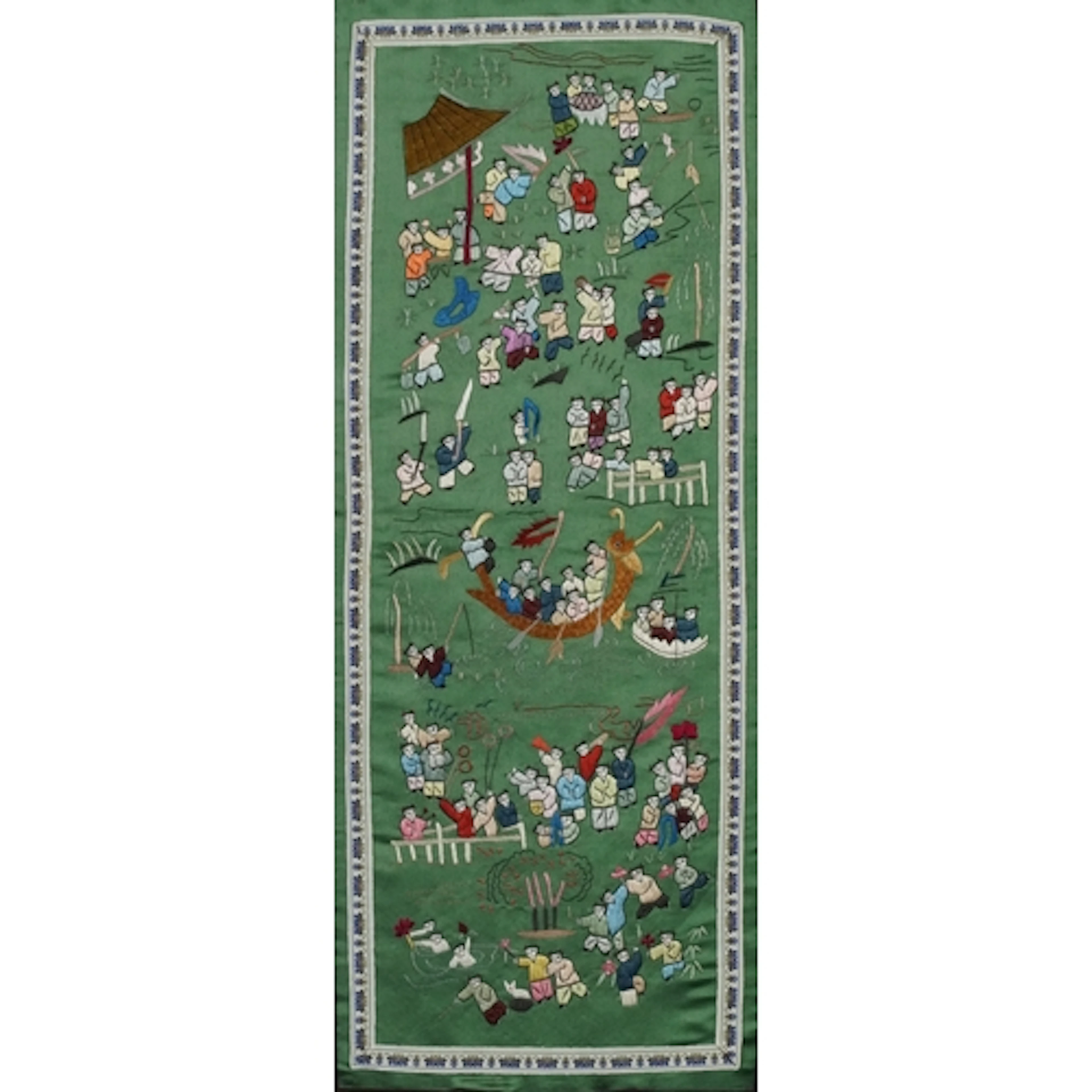 Chinese silk work embroidery of figures, mounted, framed and...