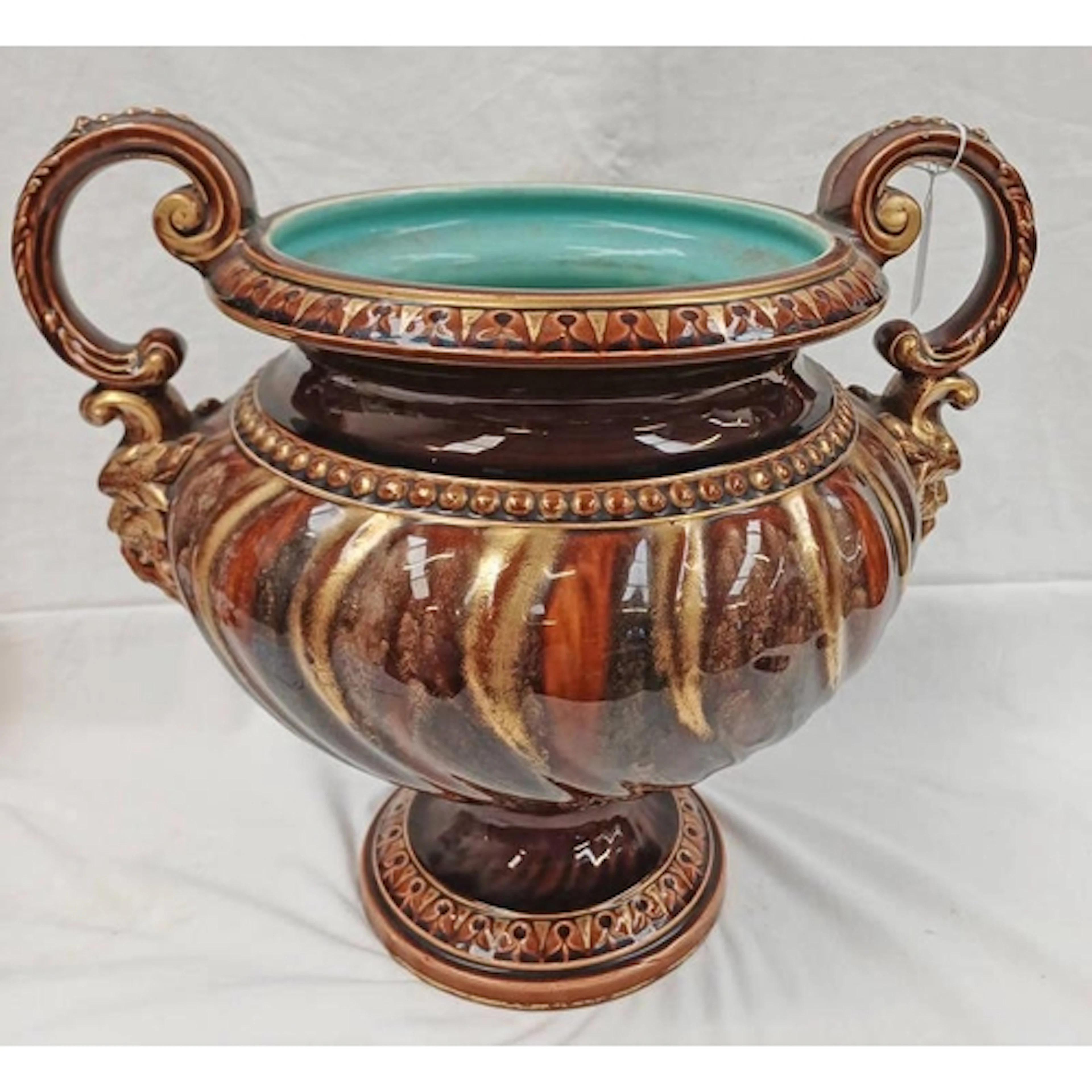 19TH CENTURY SARREGUEMINES MAJOLICA TWIN HANDLED PEDESTAL VA...