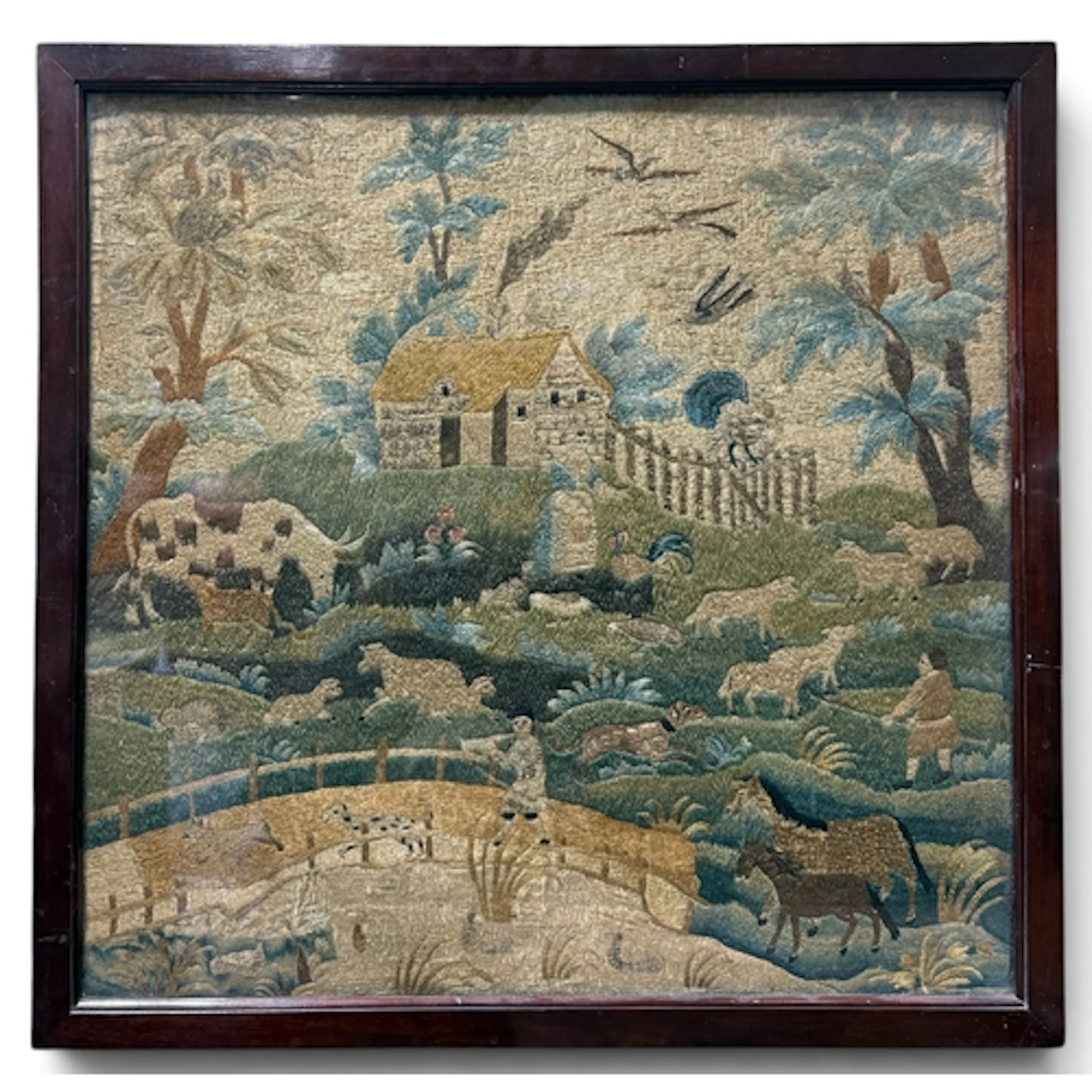 AN 18TH CENTURY SILK EMBROIDERED PANEL 46 x 48 cm
