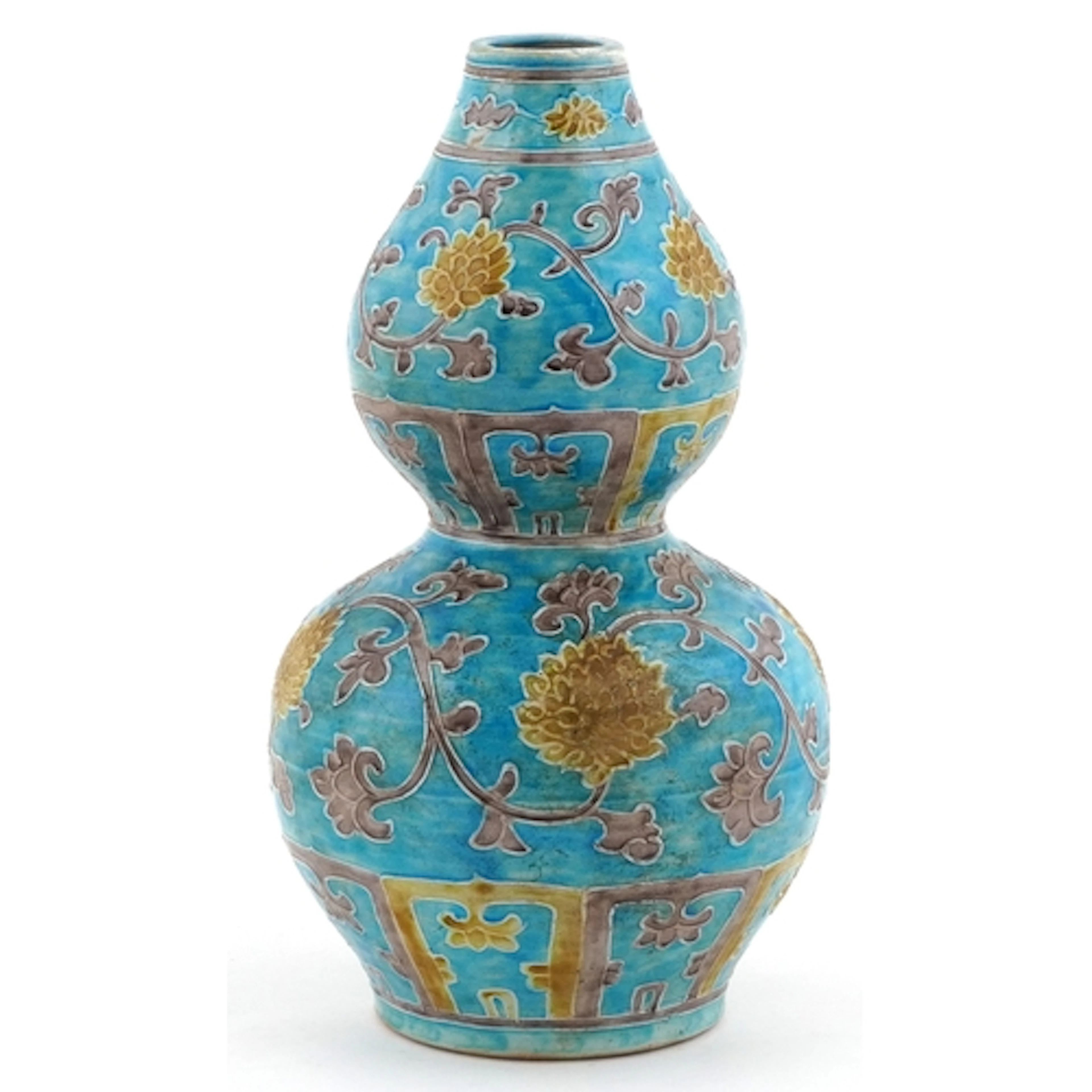 Large Chinese turquoise glazed double gourd vase hand painte...
