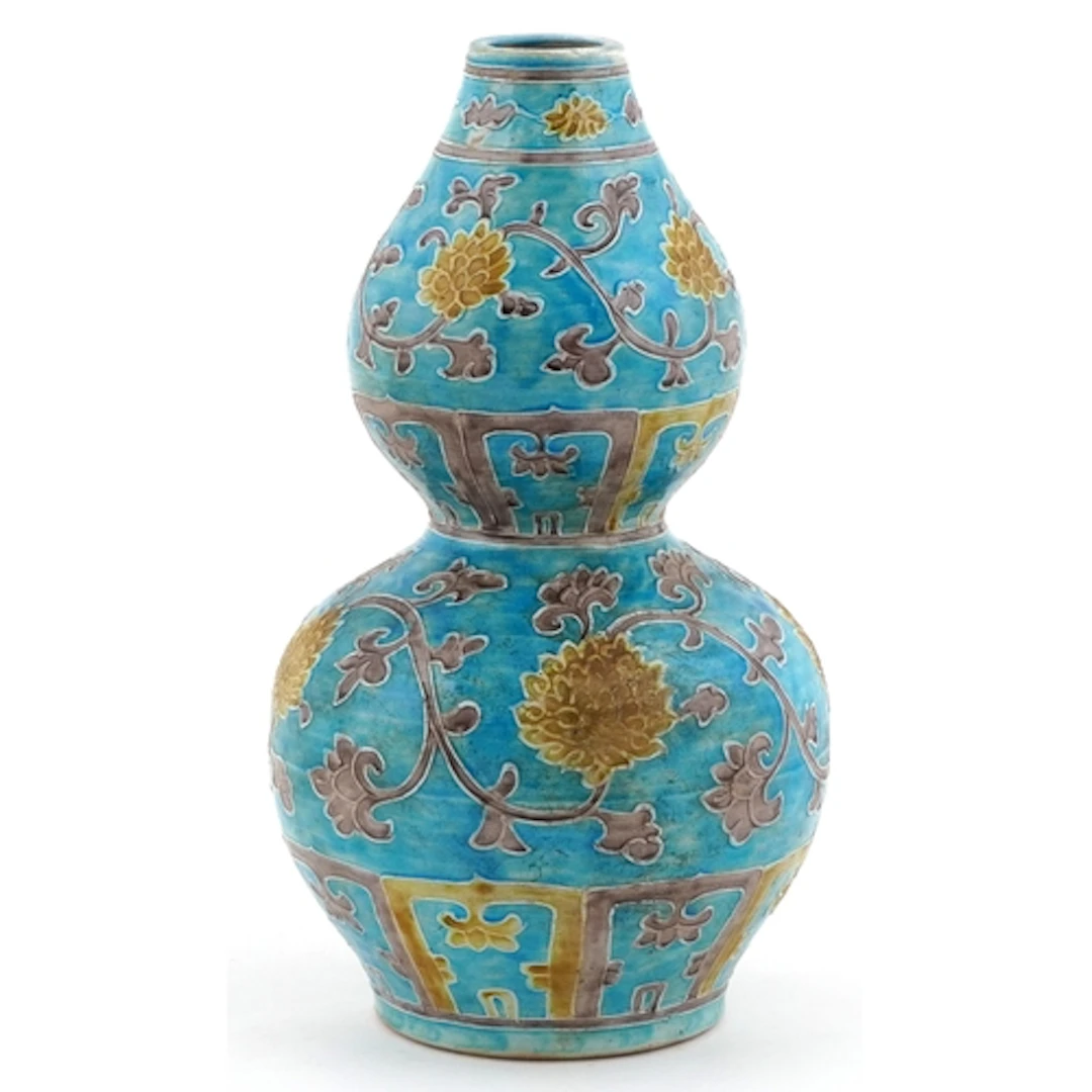 Large Chinese turquoise glazed double gourd vase hand painte...