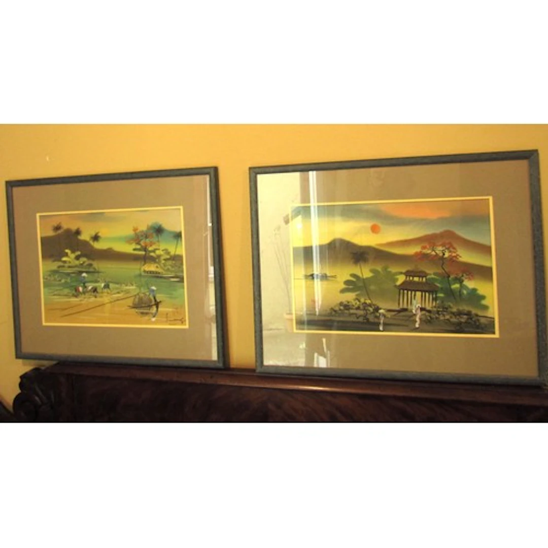 Pair of Eastern Gouache Paintings Coastal Scenes Signed Indi...