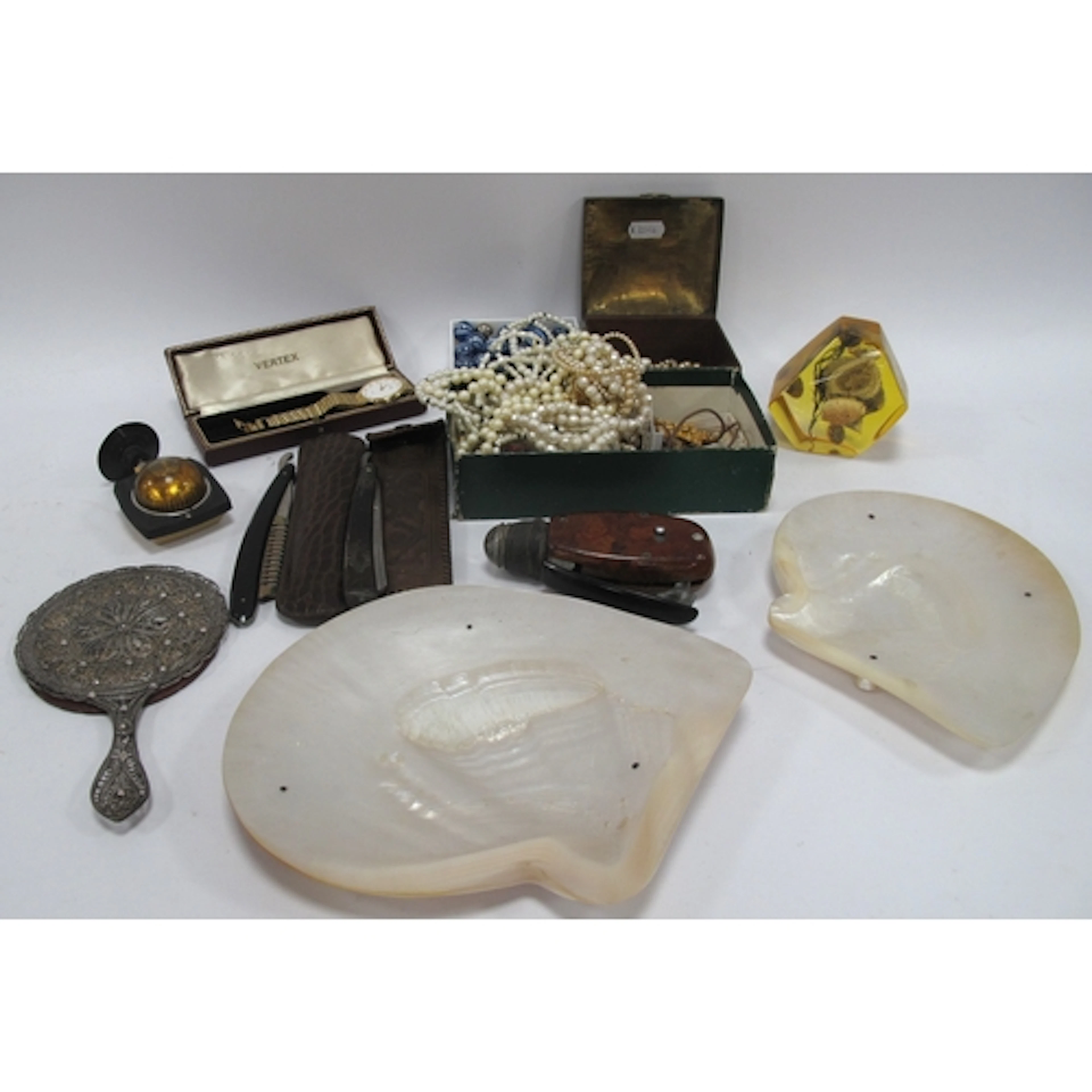 Collectables, including two mother-of-pearl caviar shell dis...