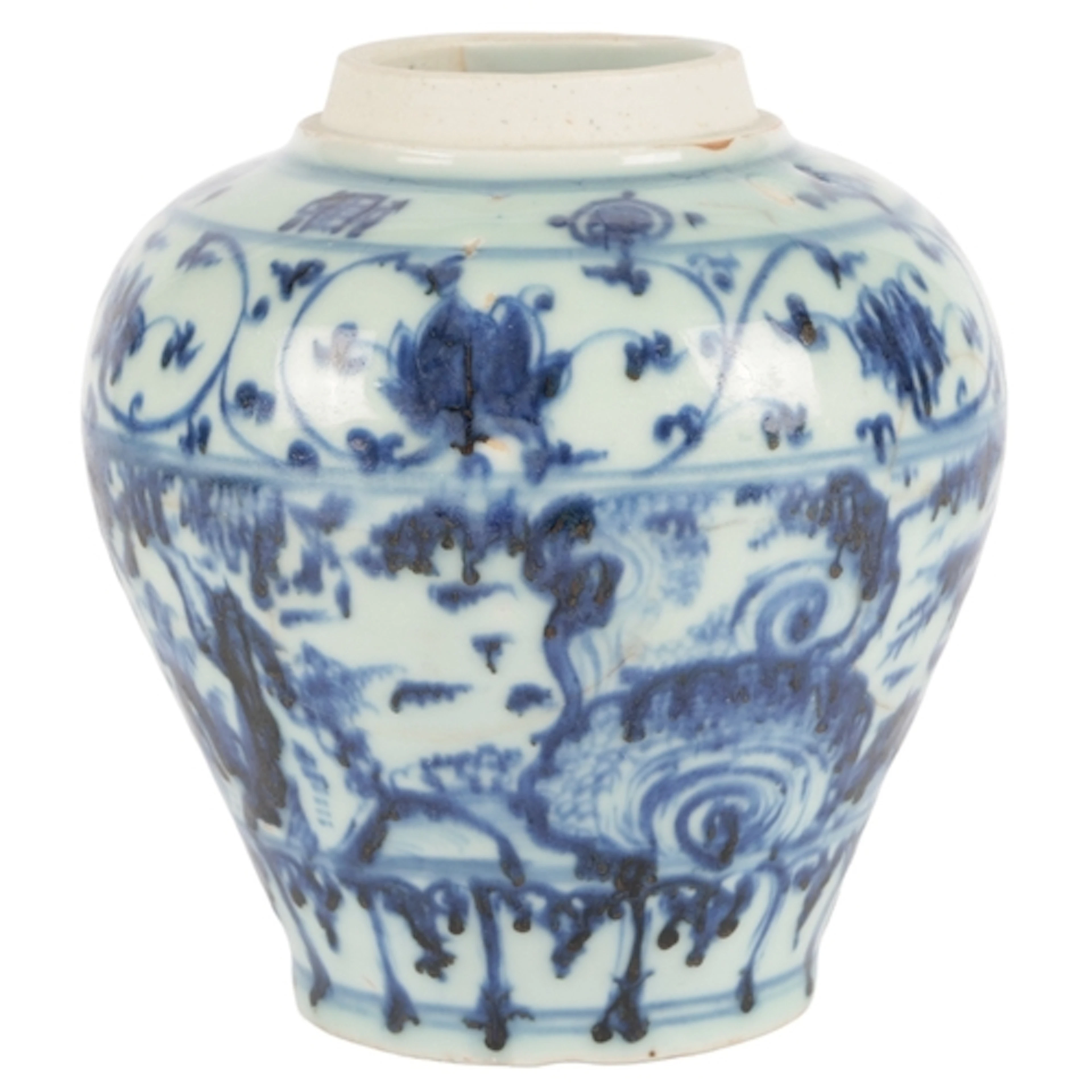 A Chinese blue and white 'landscape' jar, probably Ming dyna...