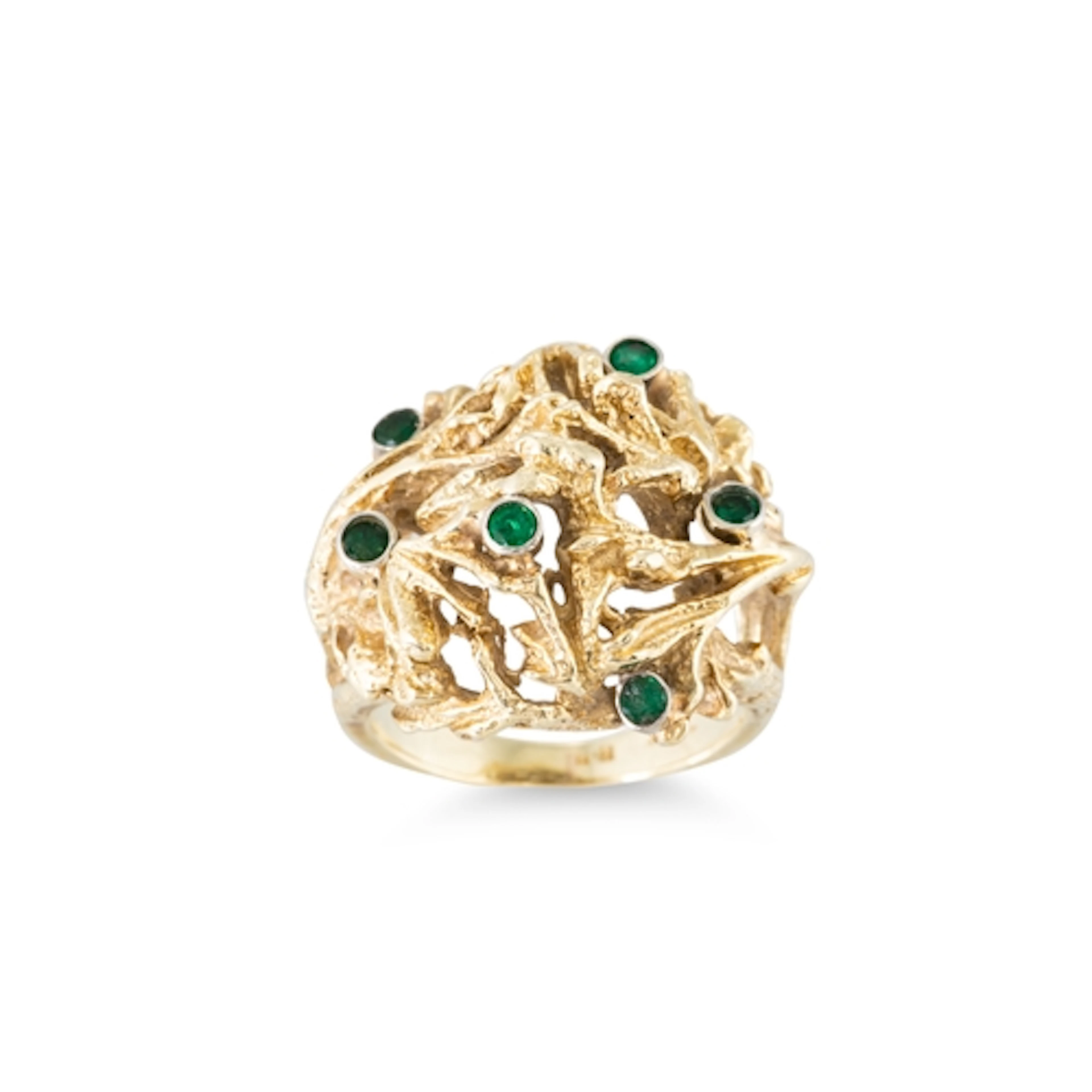 A VINTAGE BRUTALIST STYLE 14CT GOLD RING, set with green gem...