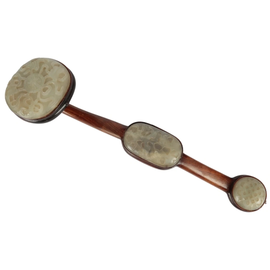 A Chinese hardwood and jade mounted 'Eight Buddhist emblems'...