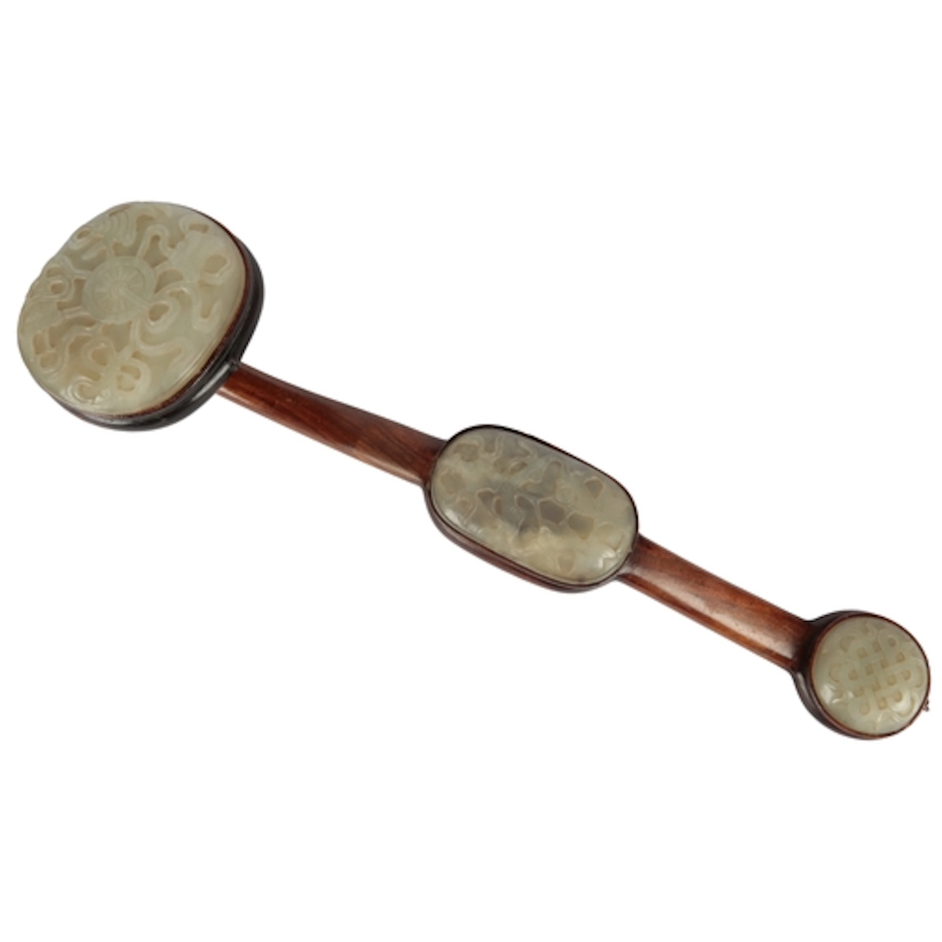 A Chinese hardwood and jade mounted 'Eight Buddhist emblems'...
